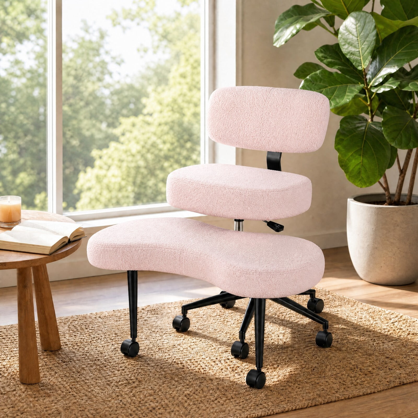Kelno Cross Legged Meditation Chair with 360° Swivel Footrest Adjustable Backrest Ergonomic Teddy Fleece Office Chair, Pink