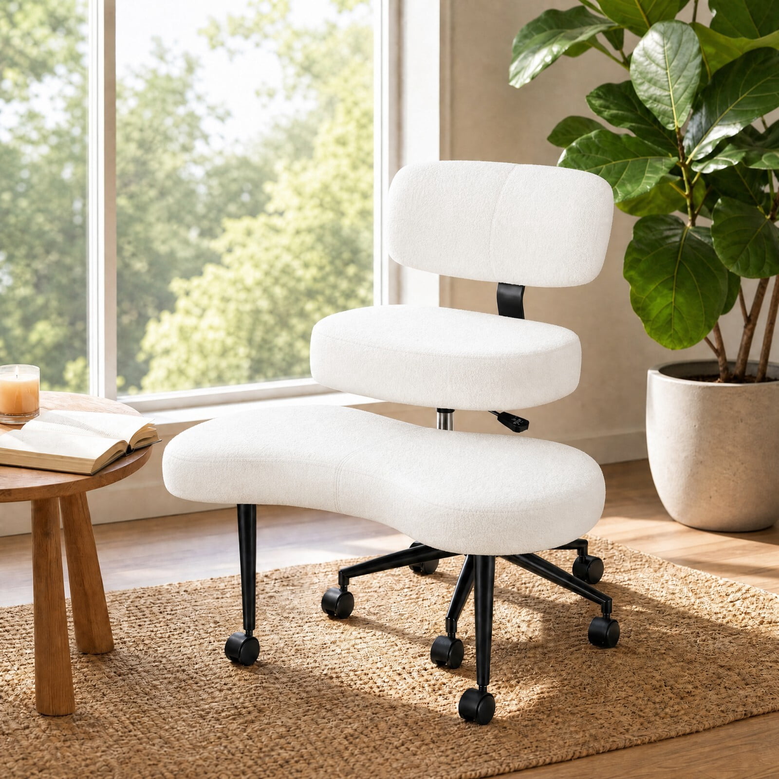 Kelno Cross Legged Meditation Chair with 360° Swivel Footrest Adjustable Backrest Ergonomic Teddy Fleece Office Chair, White