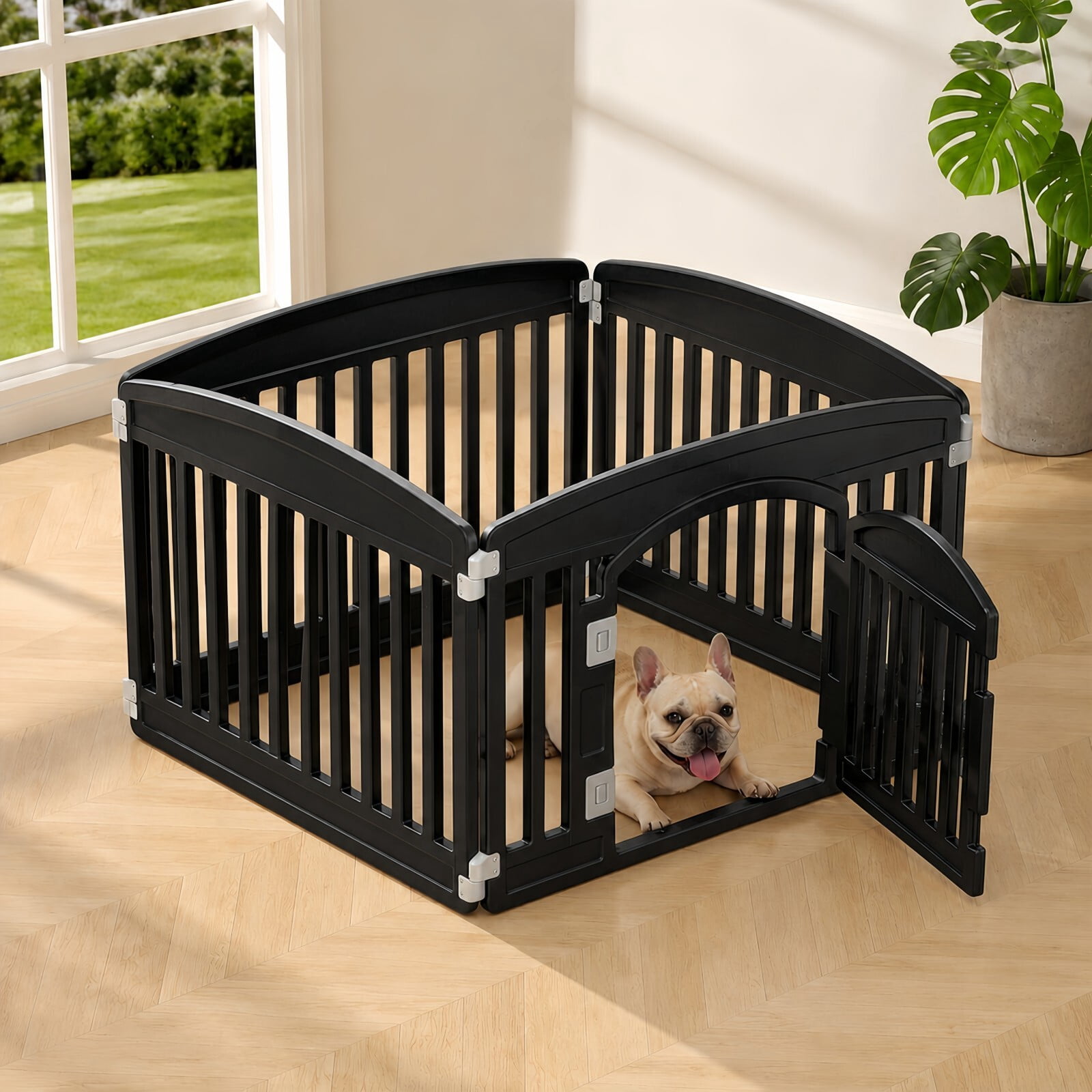 Kelno Dog Playpen 4 Panels Pet Fence with Safety Lock Non Slip Bottom, Black