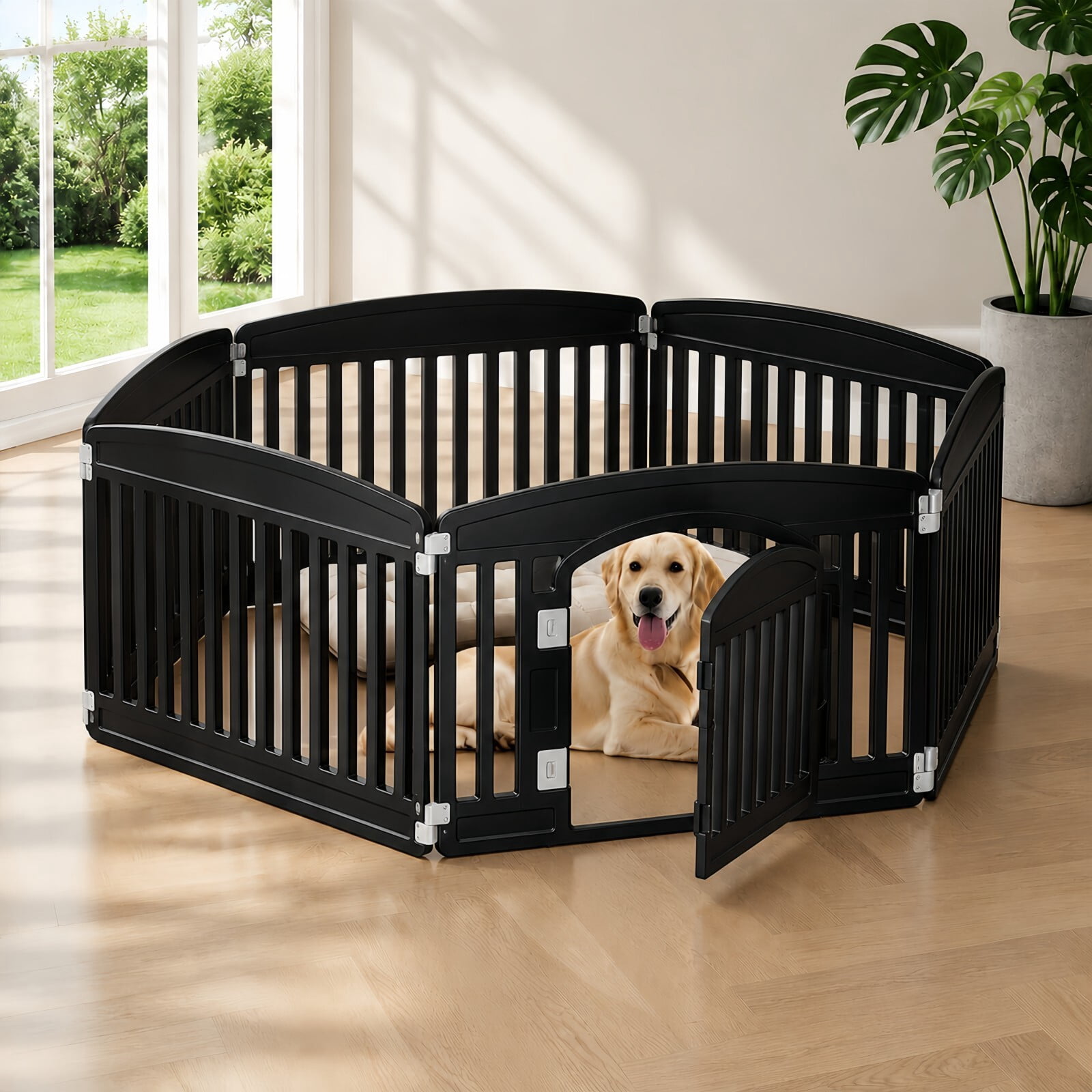 Kelno Dog Playpen 6 Panels Pet Fence with Safety Lock Non Slip Bottom, Black