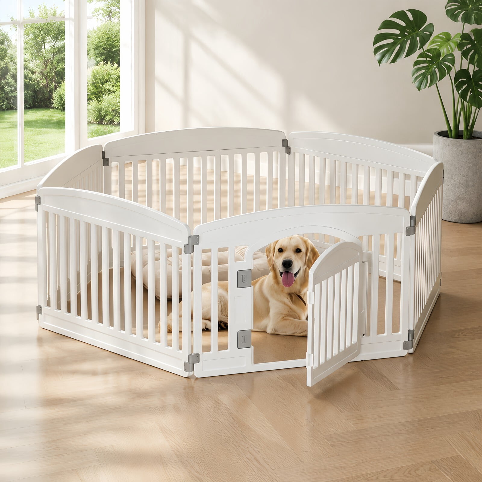 Kelno Dog Playpen 6 Panels Pet Fence with Safety Lock Non Slip Bottom, White