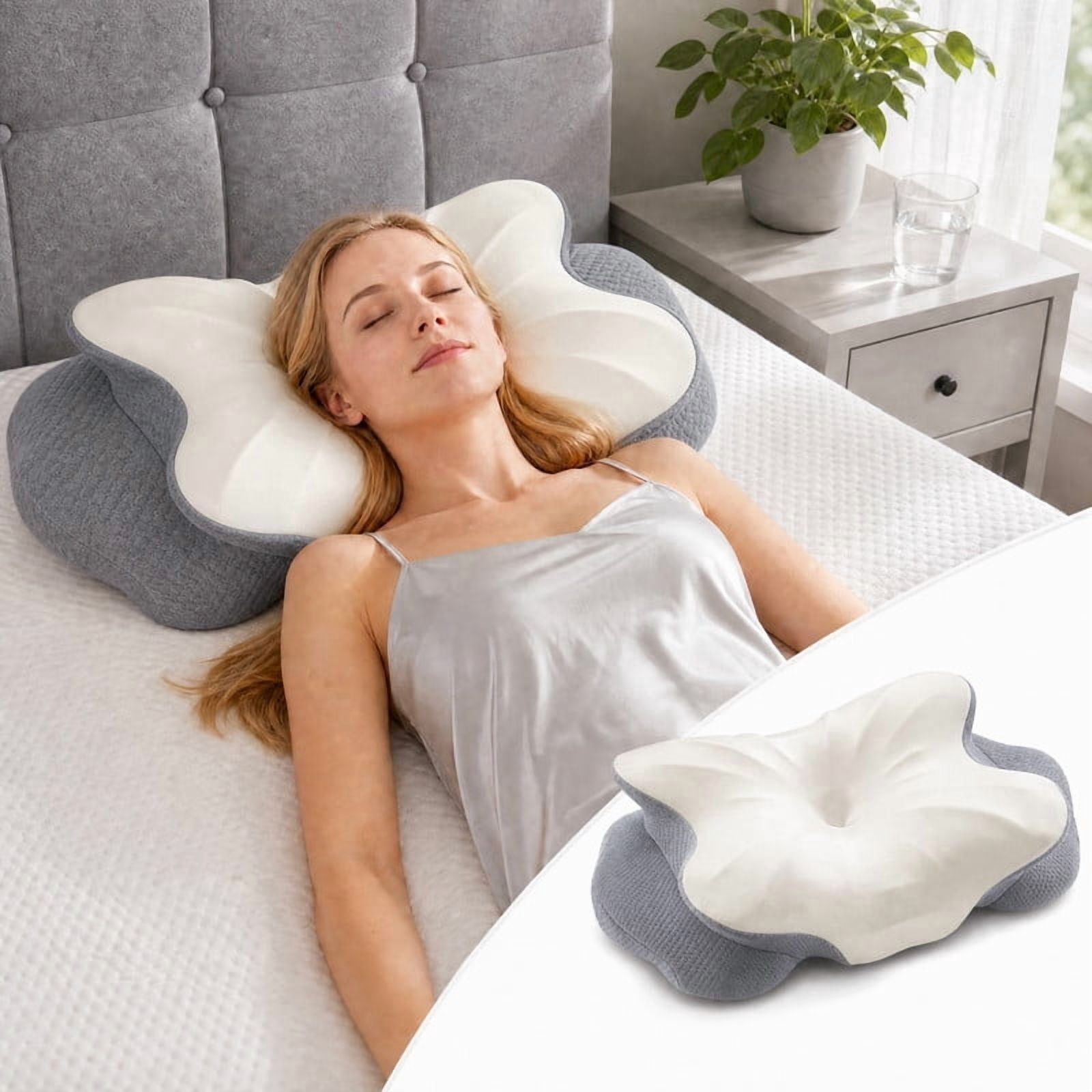 Kelno Ergonomic Contour Memory Foam Pillow Cervical Support with Dual Height Arm Grooves Breathable Washable Cover for Side, Light Gray