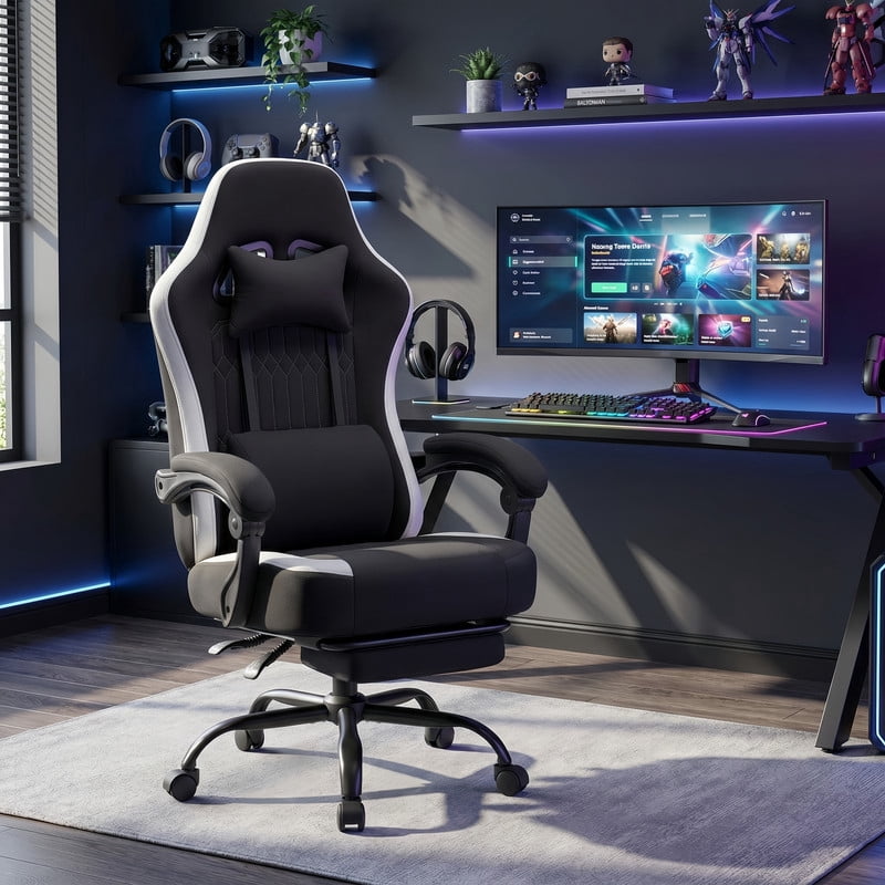 Kelno Ergonomic Gaming Chair with Footrest Lumbar Support Adjustable High Back Swivel Office Chair, Black