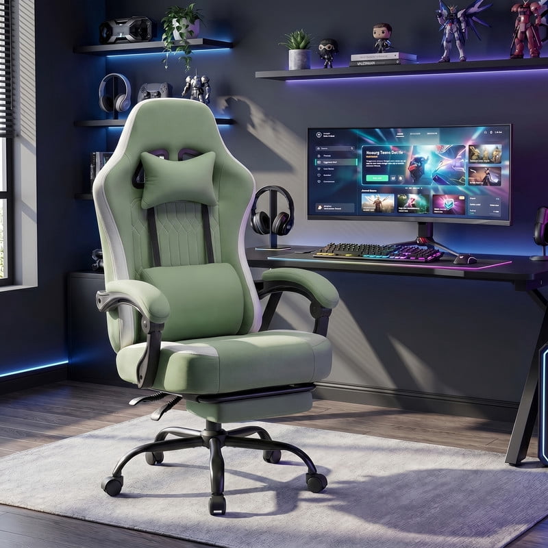 Kelno Ergonomic Gaming Chair with Footrest Lumbar Support Adjustable High Back Swivel Office Chair, Green