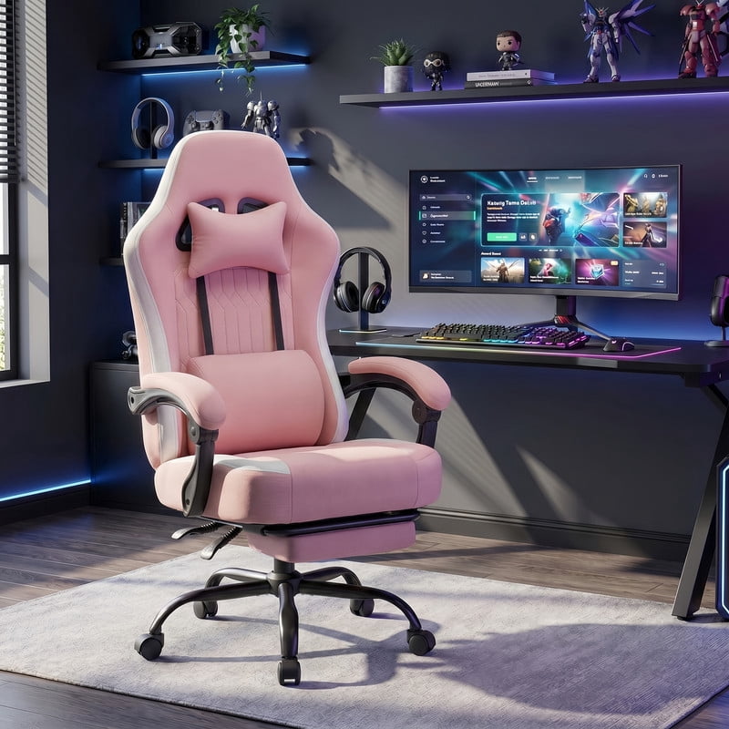 Kelno Ergonomic Gaming Chair with Footrest Lumbar Support Adjustable High Back Swivel Office Chair, Pink