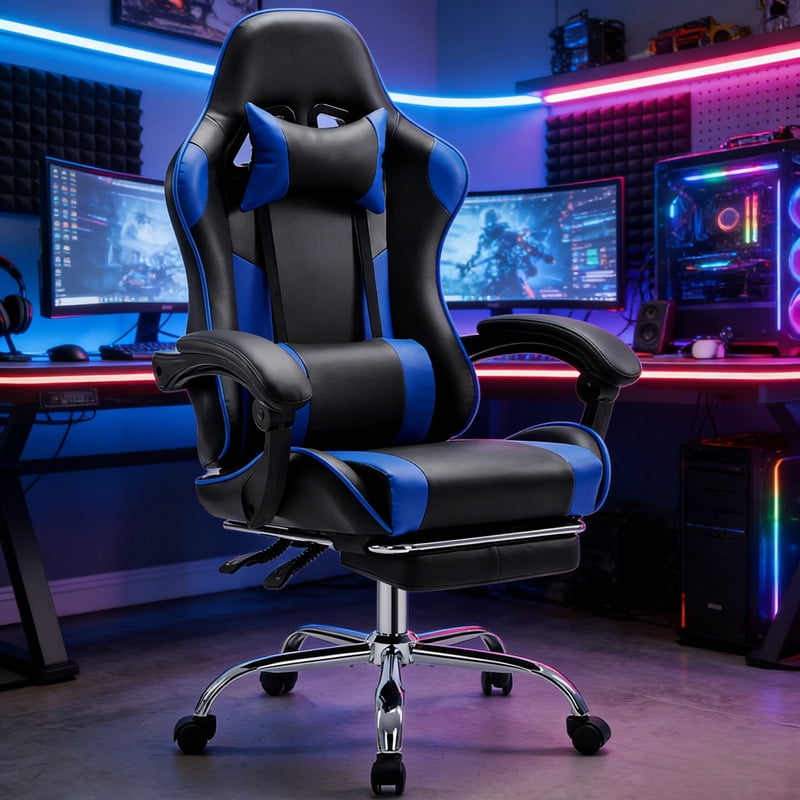 Kelno Ergonomic Gaming Chair with Headrest Pillow Lumbar Support Cushion PU Leather Swivel Recliner, Black Blue