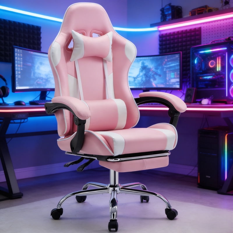 Kelno Ergonomic Gaming Chair with Headrest Pillow Lumbar Support Cushion PU Leather Swivel Recliner, Pink White
