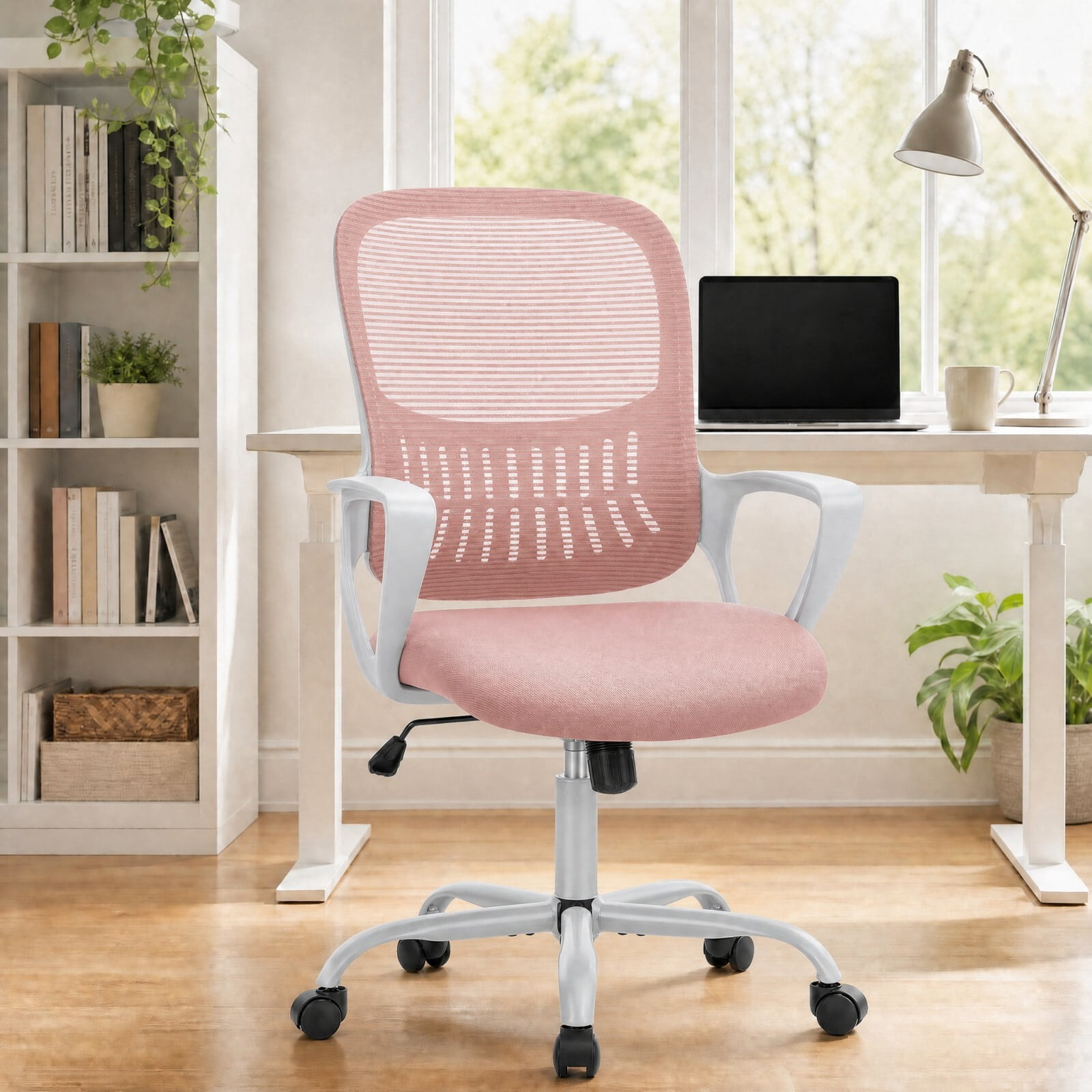 Kelno Ergonomic Mesh Office Chair Mid Back Desk Chair with Lumbar Support Adjustable Height Swivel Task Chair, Pink