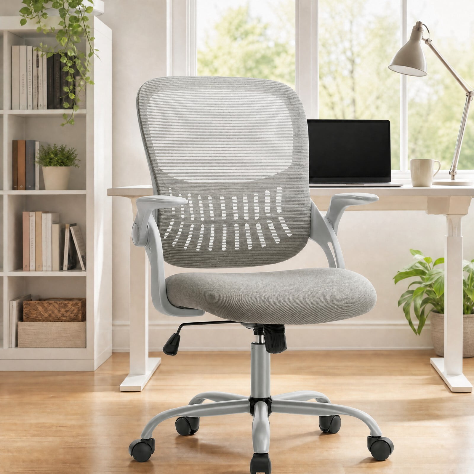 Kelno Ergonomic Mesh Office Chair Mid Back Desk Chair with Lumbar Support Flip-up Armrests Adjustable Height Swivel Task Chair, Gray