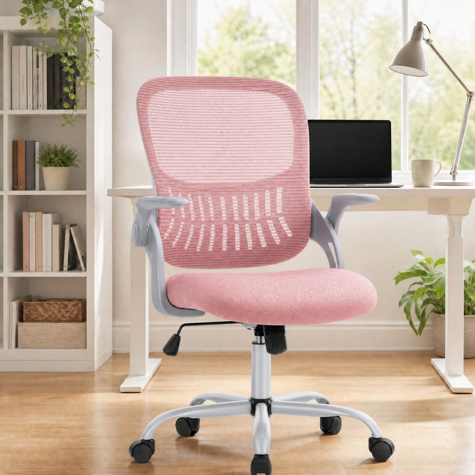 Kelno Ergonomic Mesh Office Chair Mid Back Desk Chair with Lumbar Support Flip-up Armrests Adjustable Height Swivel Task Chair, Pink