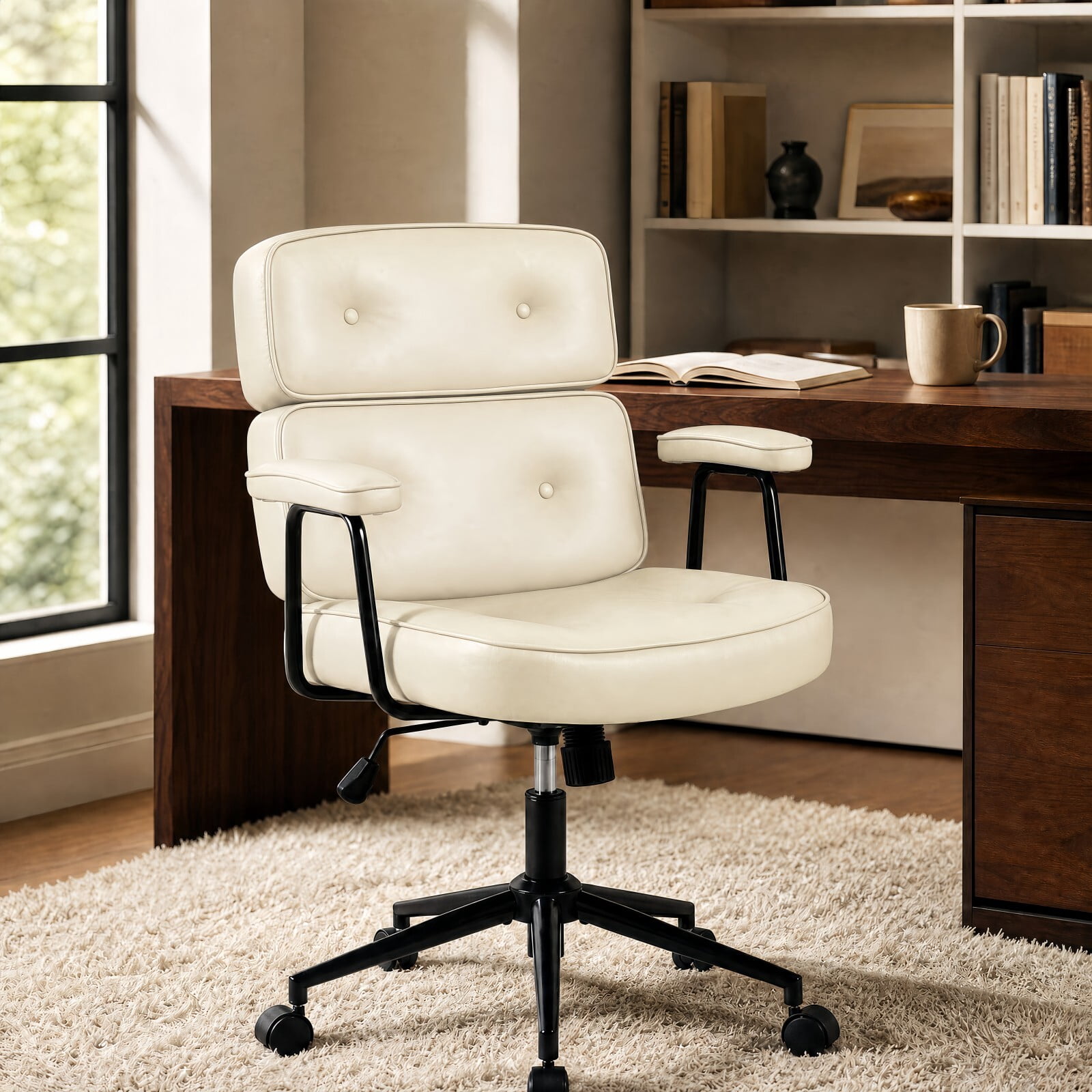 Kelno Ergonomic PU Leather Office Chair 350lbs Capacity High Back Computer Chair with Lumbar Support Adjustable Rolling Swivel Task Chair, Beige