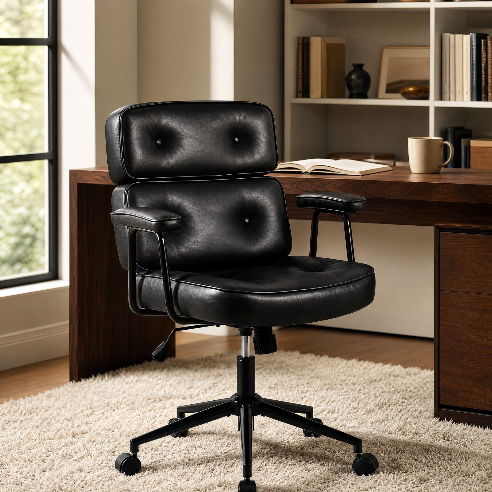 Kelno Ergonomic PU Leather Office Chair 350lbs Capacity High Back Computer Chair with Lumbar Support Adjustable Rolling Swivel Task Chair, Black