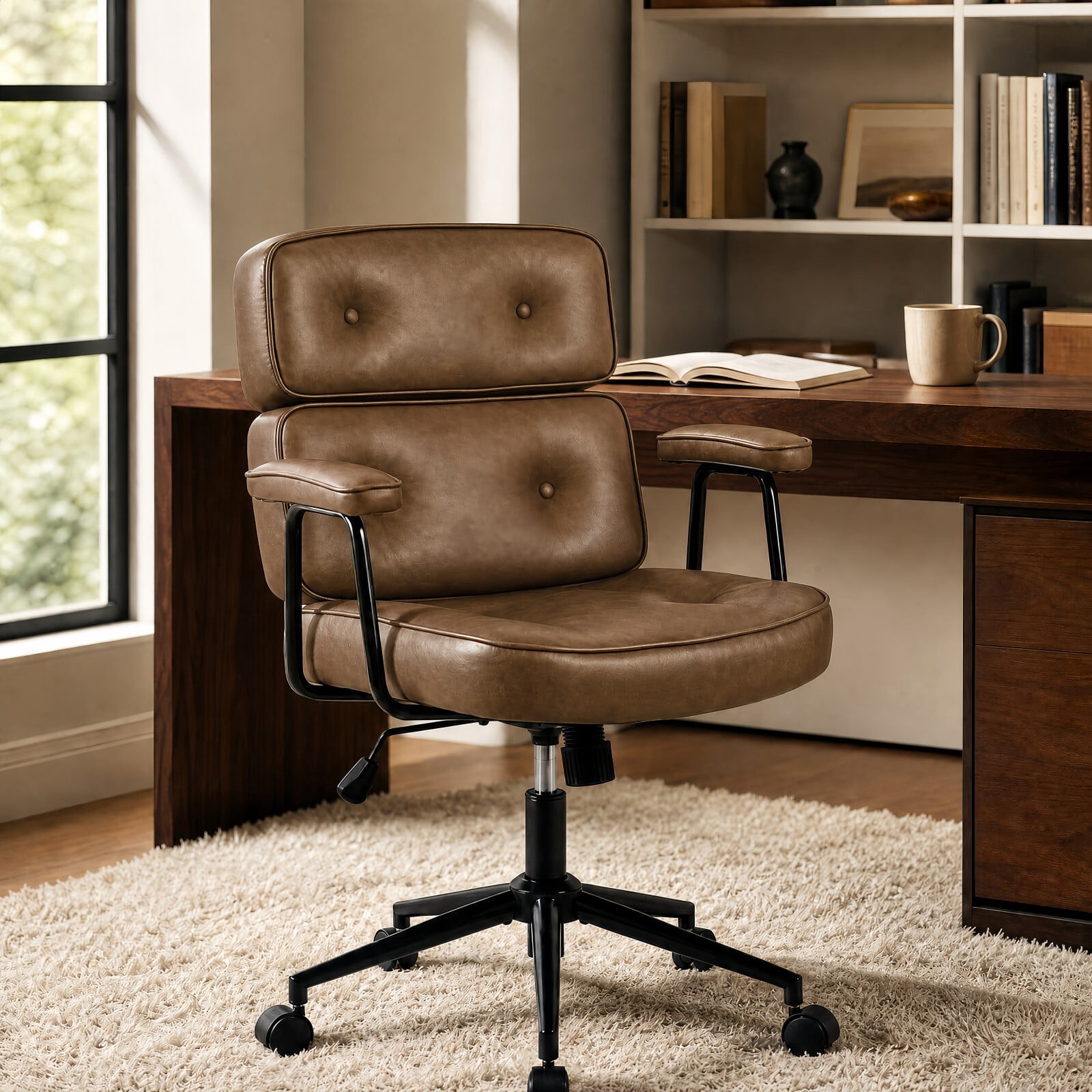 Kelno Ergonomic PU Leather Office Chair 350lbs Capacity High Back Computer Chair with Lumbar Support Adjustable Rolling Swivel Task Chair, Brown
