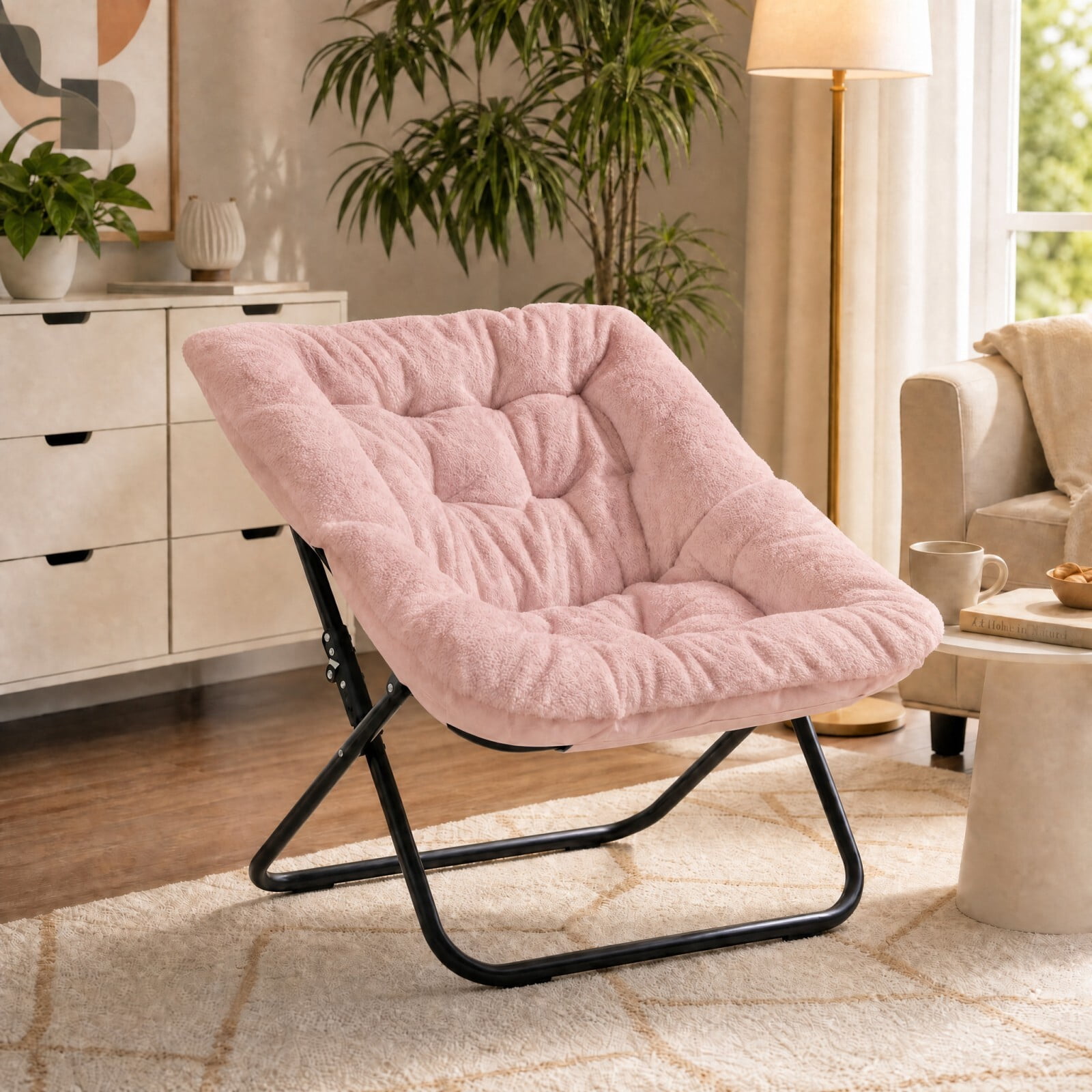 Kelno Faux Fur Folding Lounge Chair 450lb Capacity Foldable Comfy Chair Soft Plush Reading Chair, Pink
