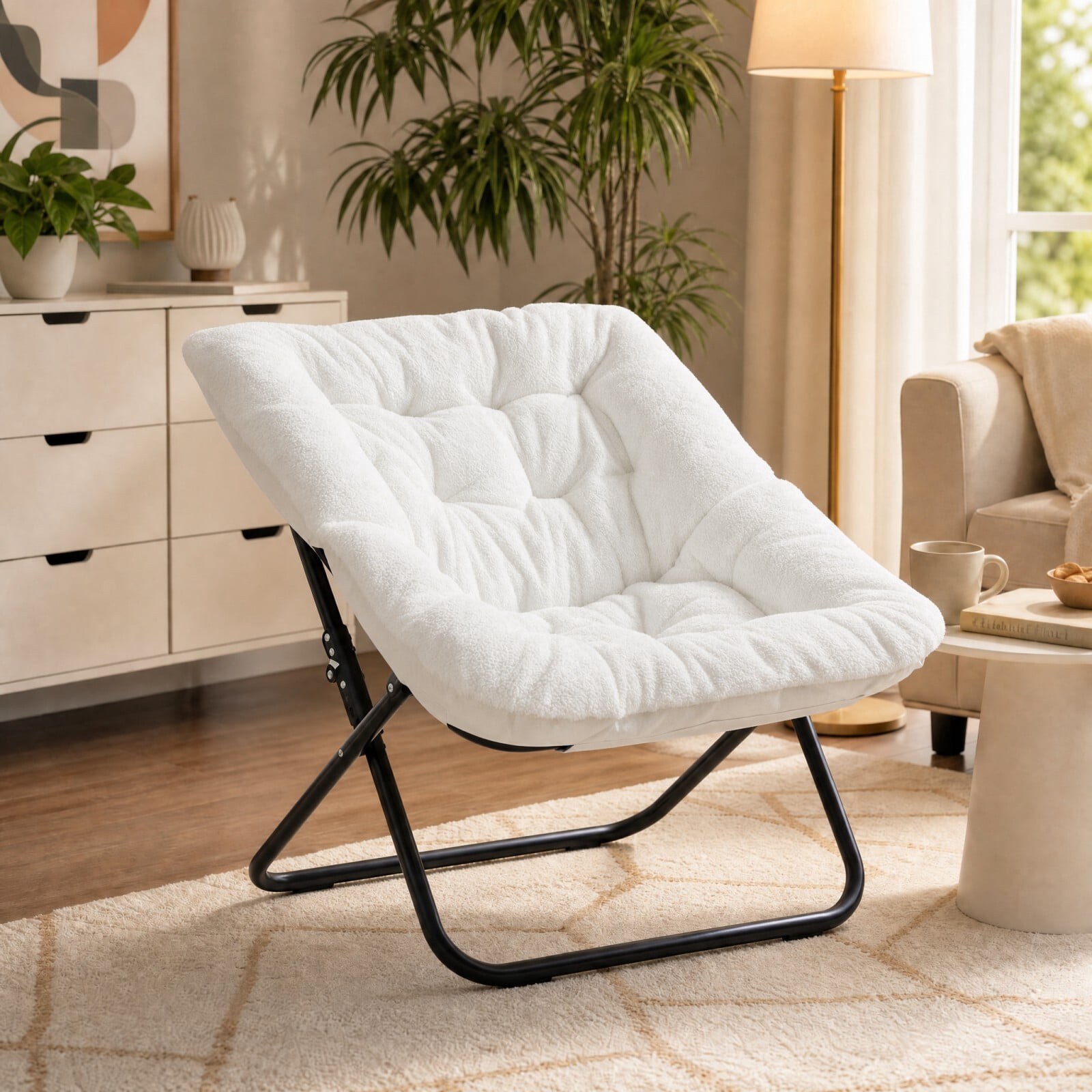 Kelno Faux Fur Folding Lounge Chair 450lb Capacity Foldable Comfy Chair Soft Plush Reading Chair, White
