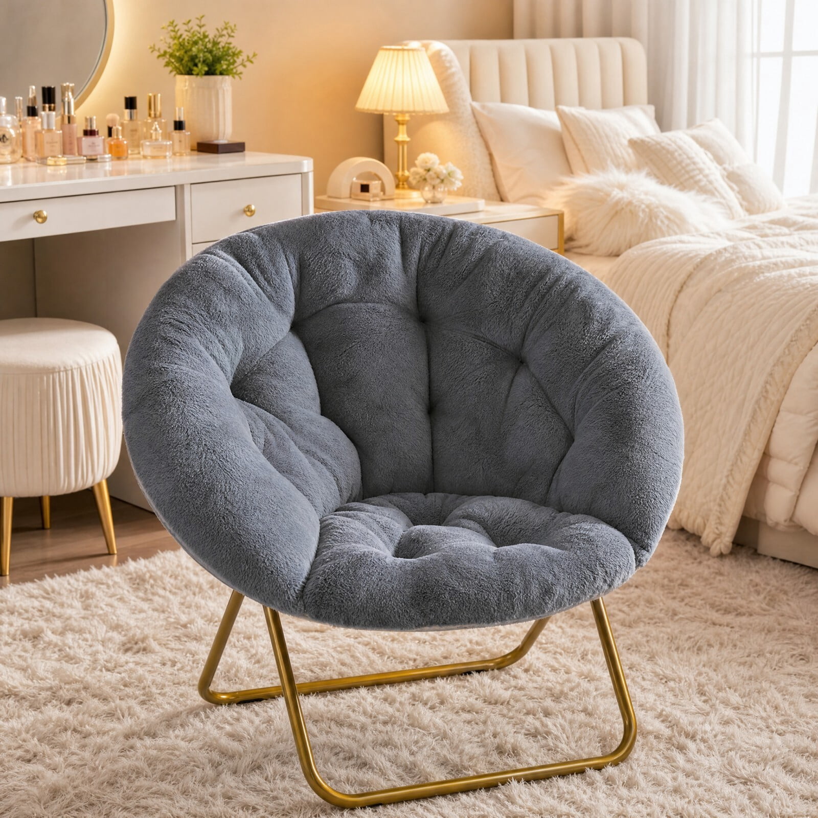 Kelno Faux Fur Saucer Chair 250lb Capacity Foldable Round Lounge Chair Soft Plush Folding Moon Chair, Gray