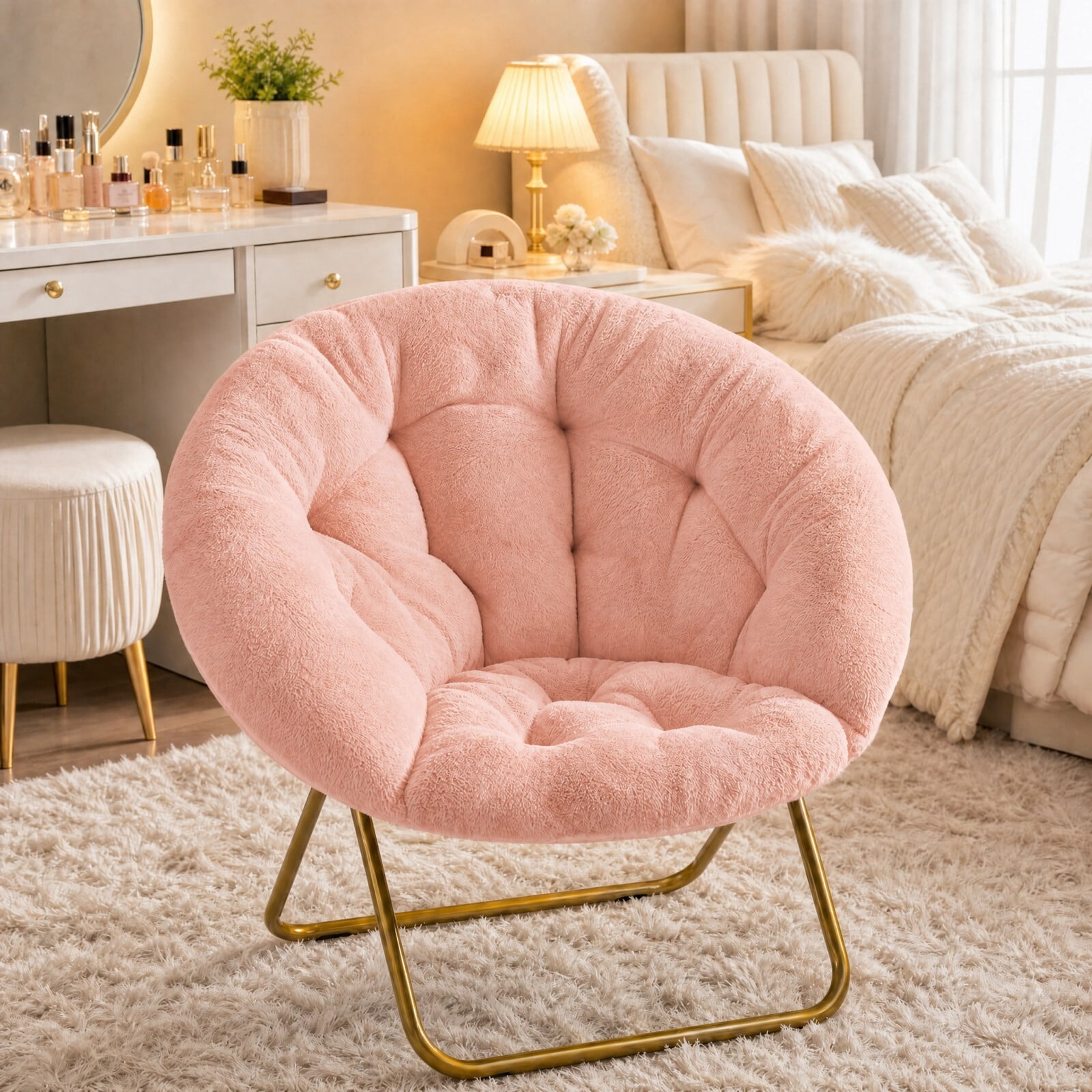 Kelno Faux Fur Saucer Chair 250lb Capacity Foldable Round Lounge Chair Soft Plush Folding Moon Chair, Pink