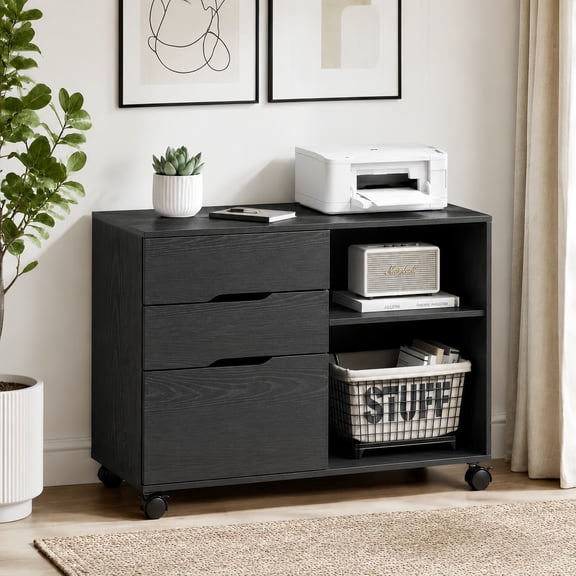 Kelno File Cabinet with 3 Drwaers Lockable Wheel Under Desk Printer Stand Lockable Casters Lateral Filing Cabinet, Black