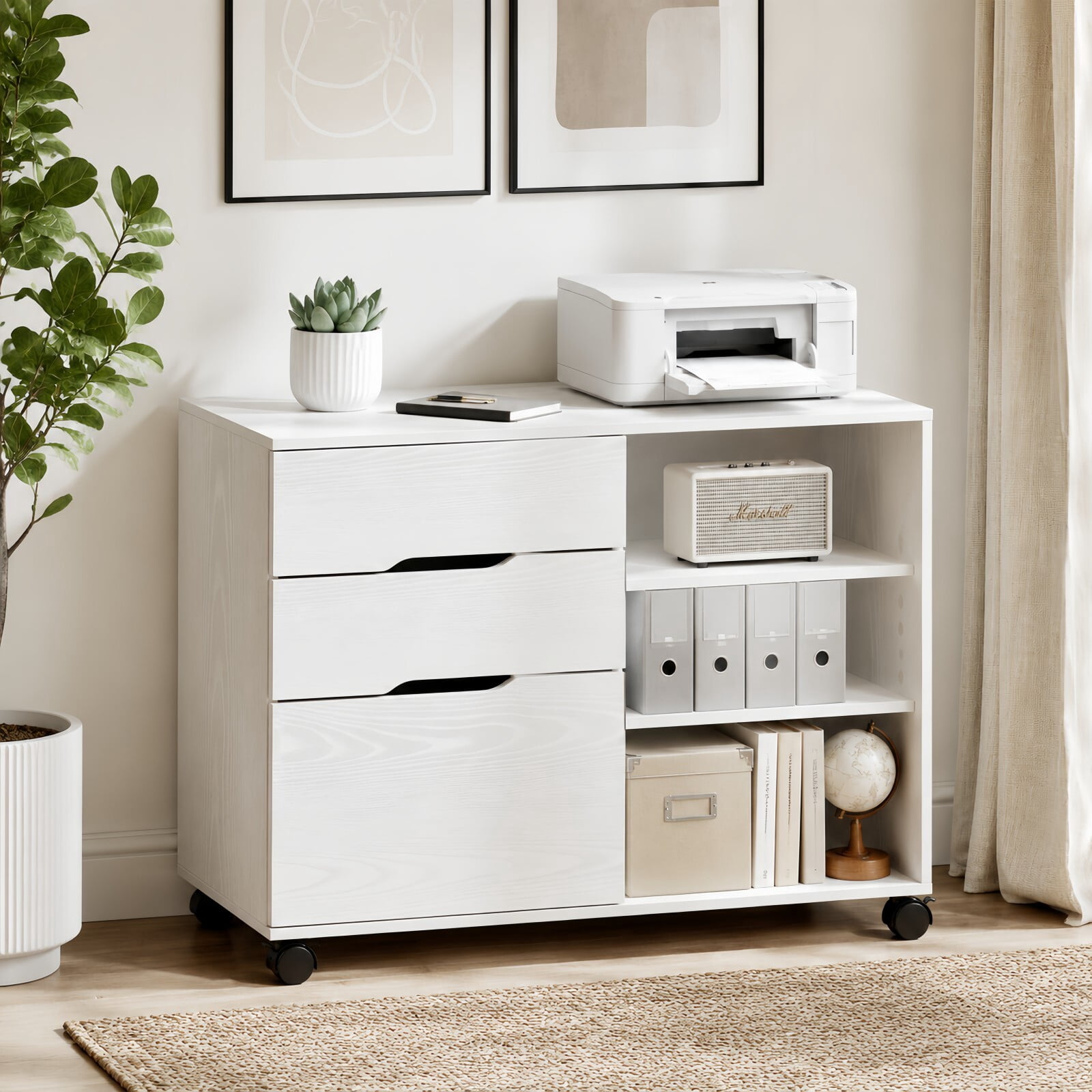 Kelno File Cabinet with 3 Drwaers Lockable Wheel Under Desk Printer Stand Lockable Casters Lateral Filing Cabinet, White