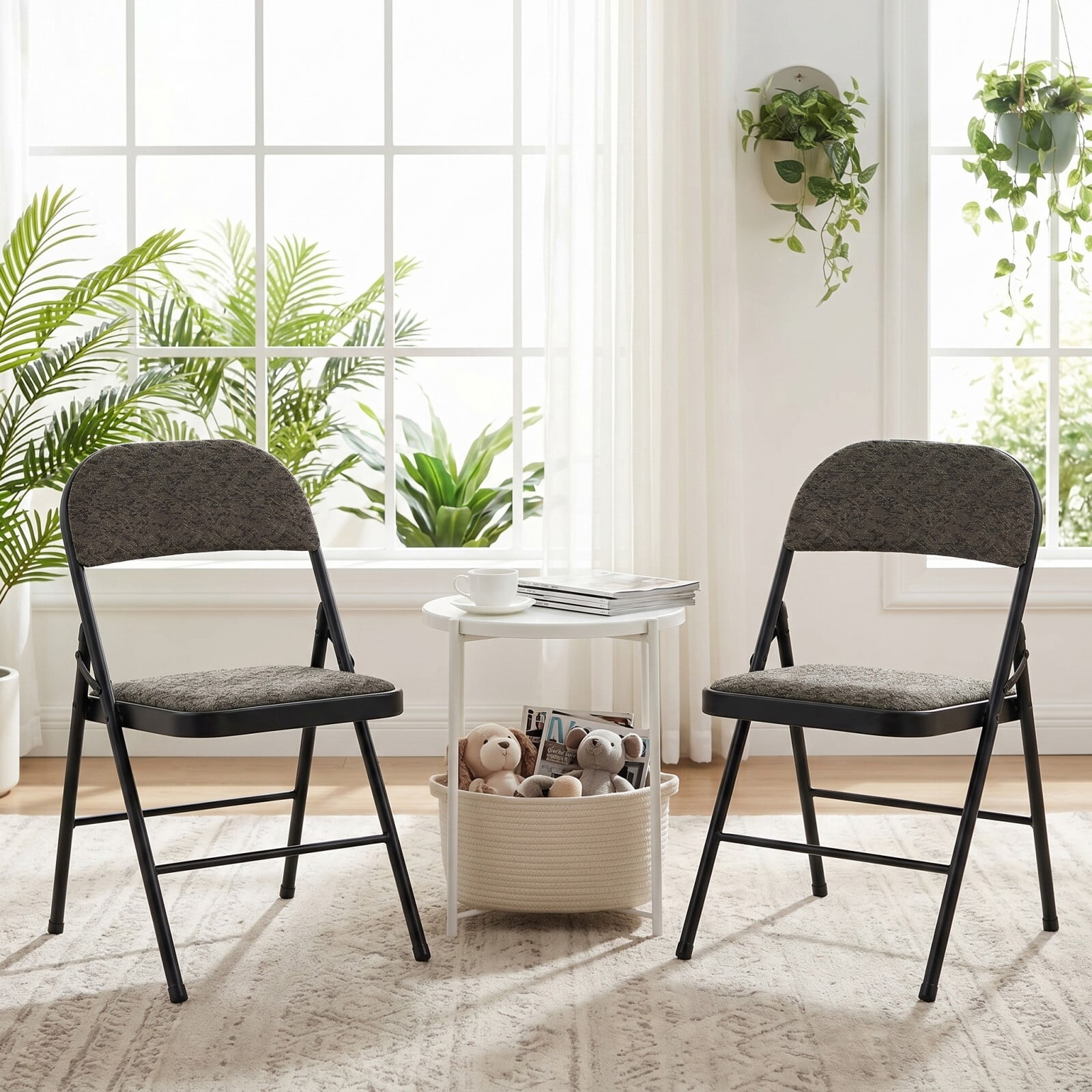 Kelno Folding Chair Set of 2 Fabric Padded Guest Chairs with Lightweight Sturdy Metal Frame, Black Gray