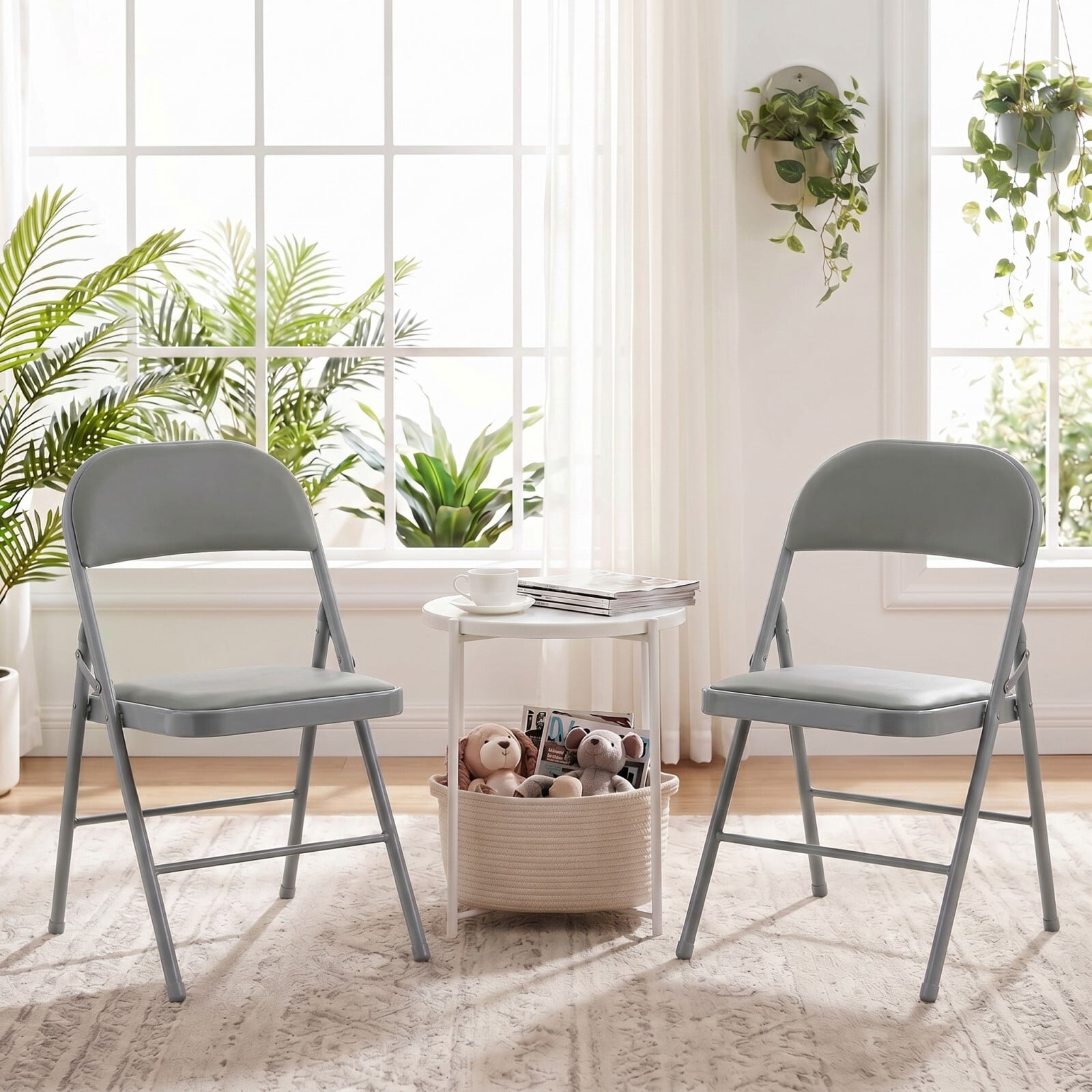 Kelno Folding Chair Set of 2 PU Leather Padded Guest Chairs with Lightweight Sturdy Metal Frame, Gray
