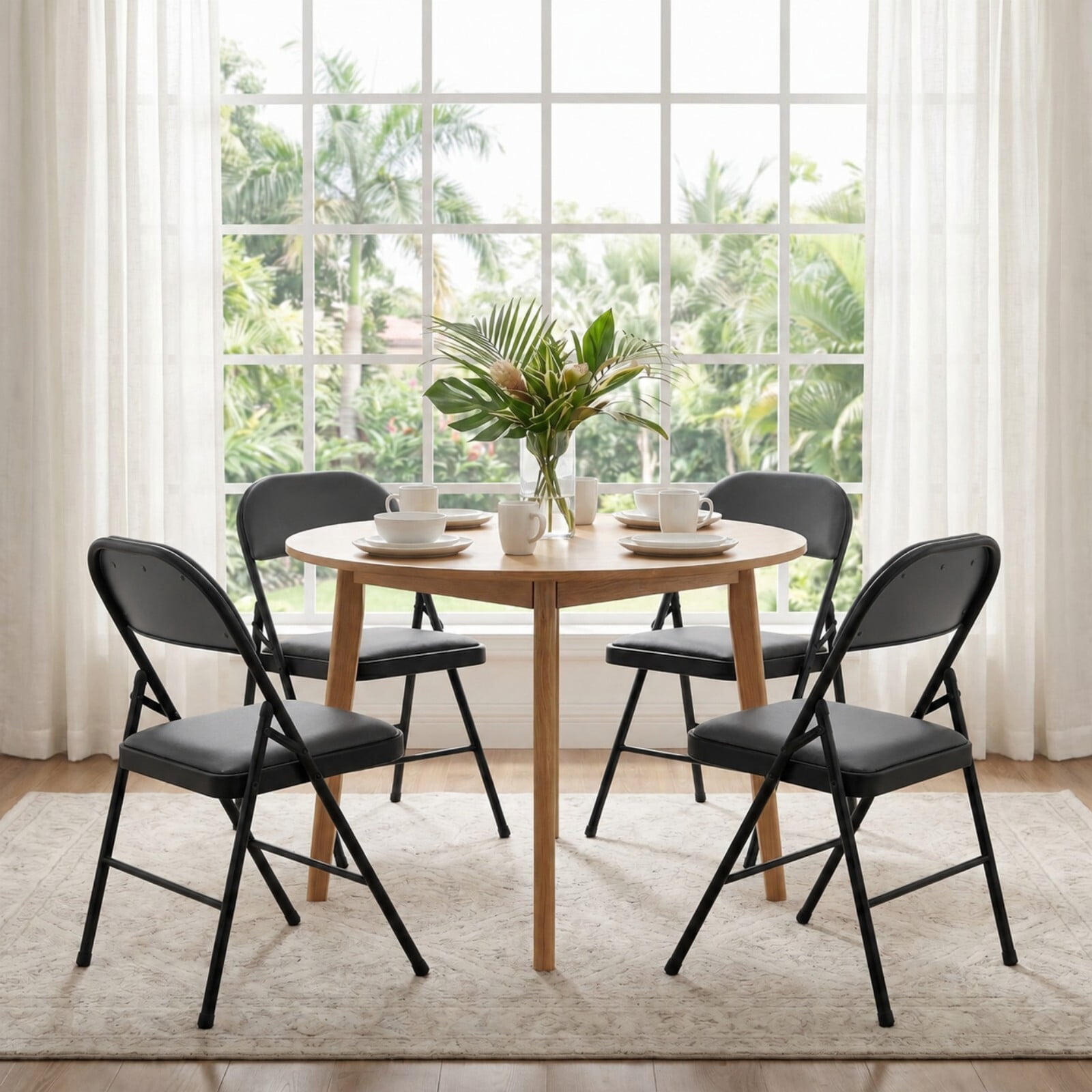 Kelno Folding Chair Set of 4 PU Leather Padded Guest Chairs with Lightweight Sturdy Metal Frame, Black