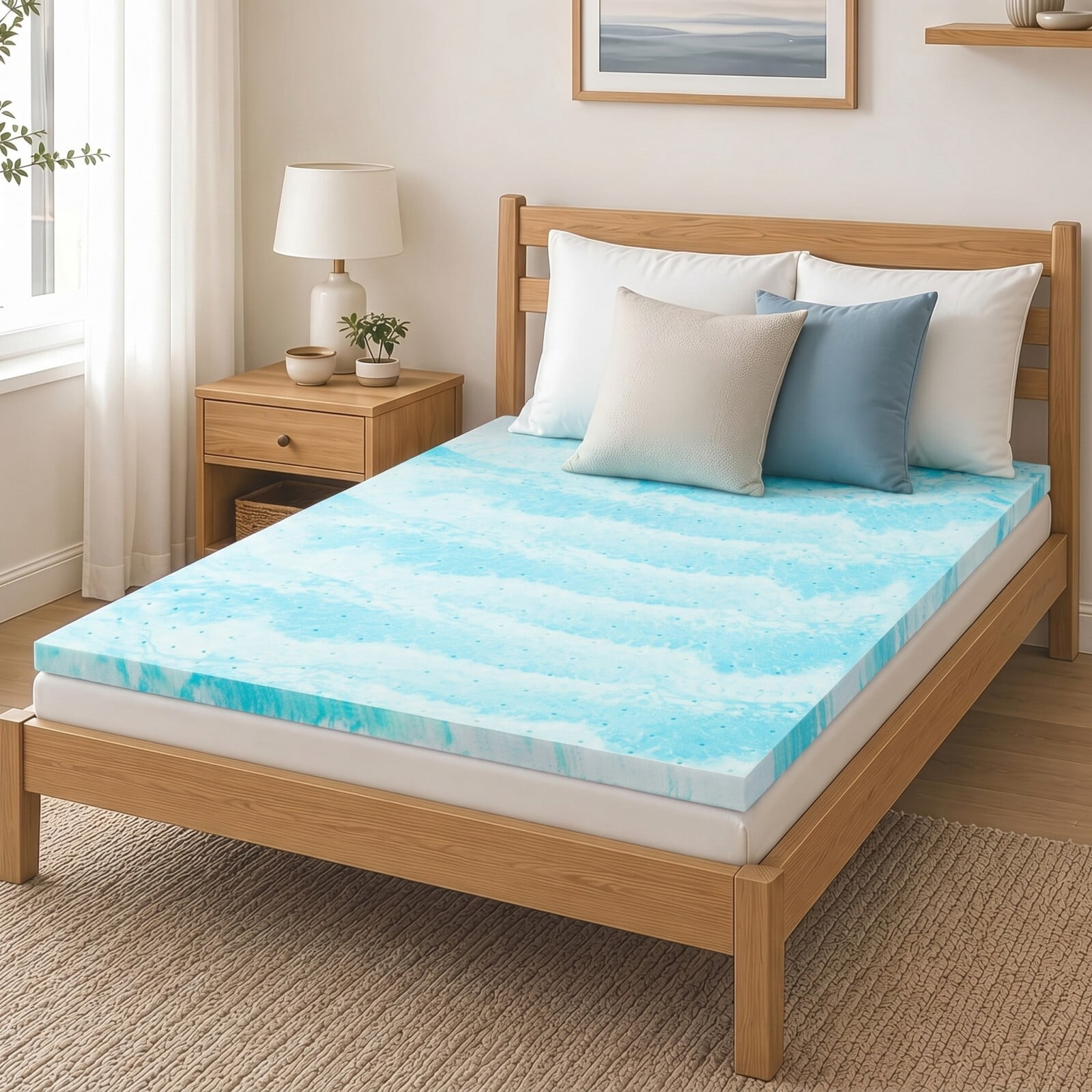 Kelno Full Size Mattress Topper 4IN Cooling Gel Memory Foam Ventilated Breathable Bed Topper for Pressure Relief, Swirl Blue