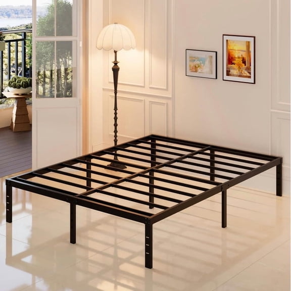 Kelno Full Size Metal Bed Frame No Box Spring Needed with Storage Space Under Base, Black