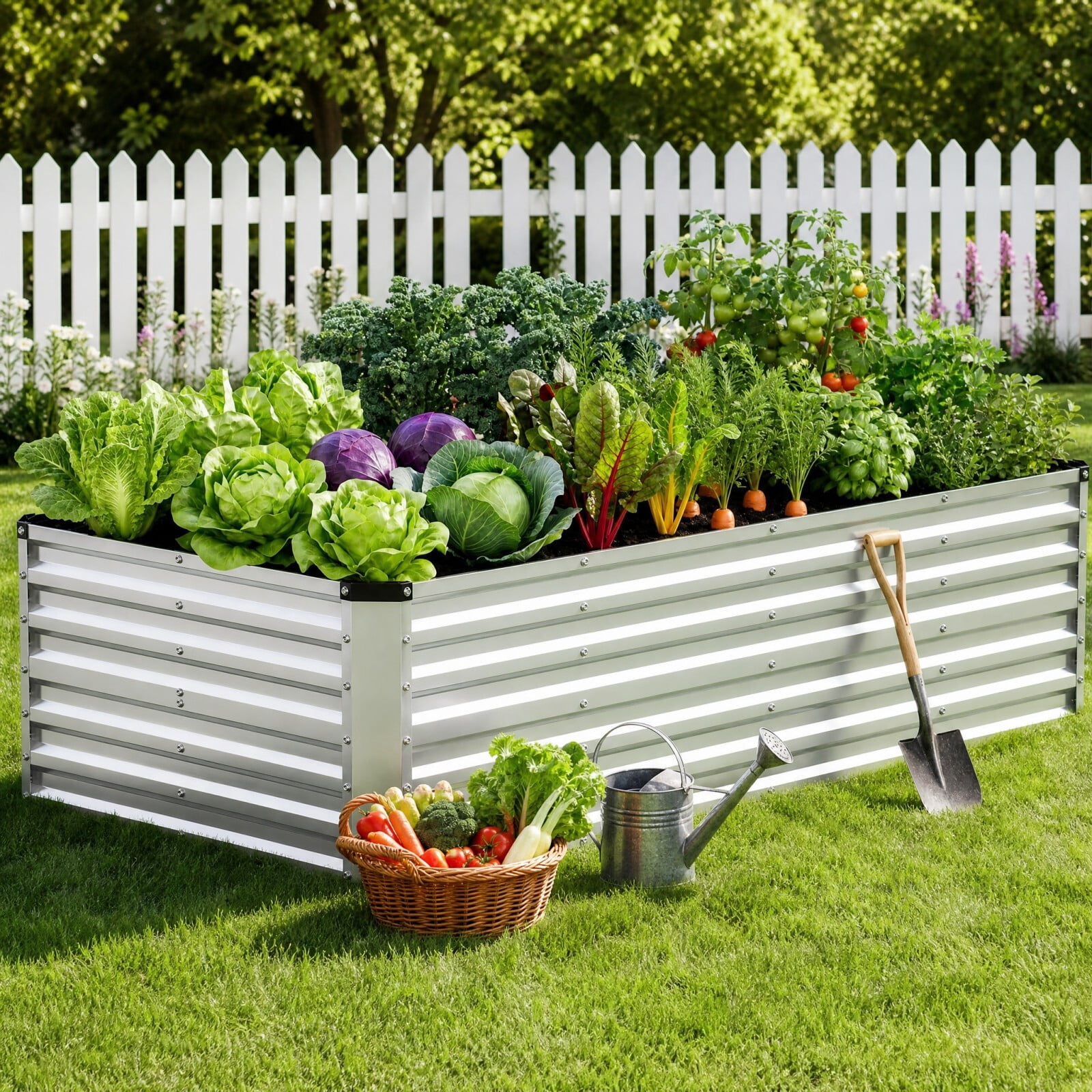 Kelno Galvanized Metal Raised Garden Bed 8x4x2ft Outdoor Planter Box for Vegetables Flowers Herbs Open Bottom Rectangular Raised Bed, Silver