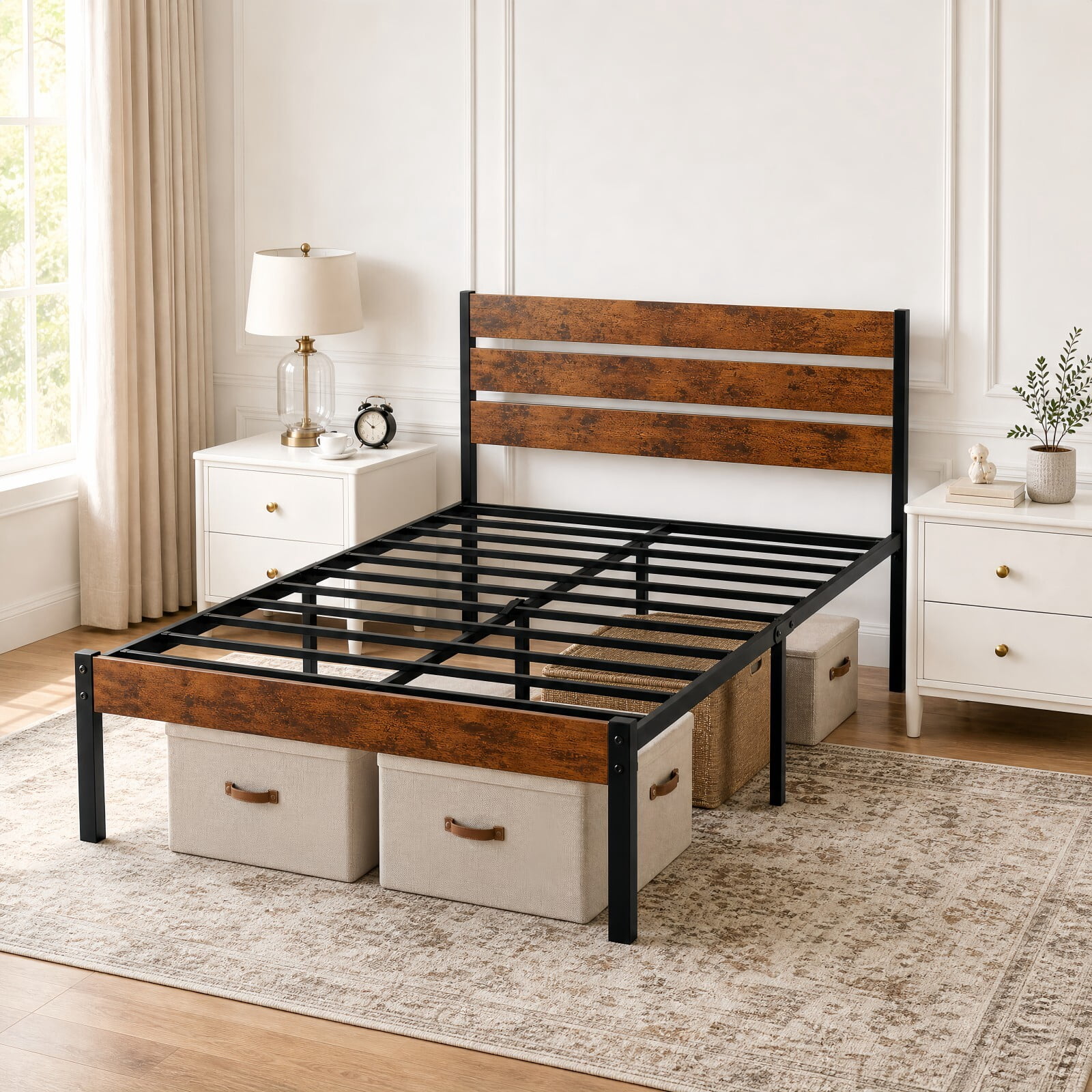 Kelno Industrial Full Size Bed Frame 800LBS Heavy Duty with Wooden Headboard 14 Inch Metal Platform Bed No Box Spring Needed, Rustic Brown