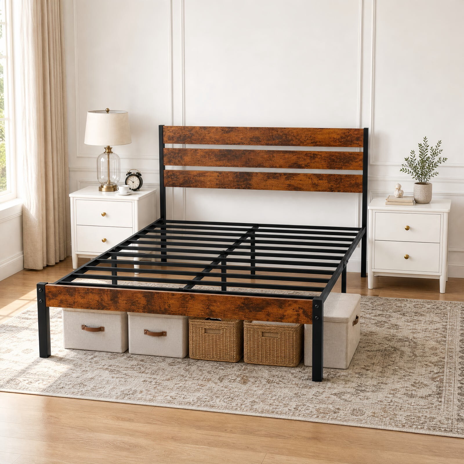Kelno Industrial Queen Size Bed Frame 800LBS Heavy Duty with Wooden Headboard 14 Inch Metal Platform Bed No Box Spring Needed, Rustic Brown