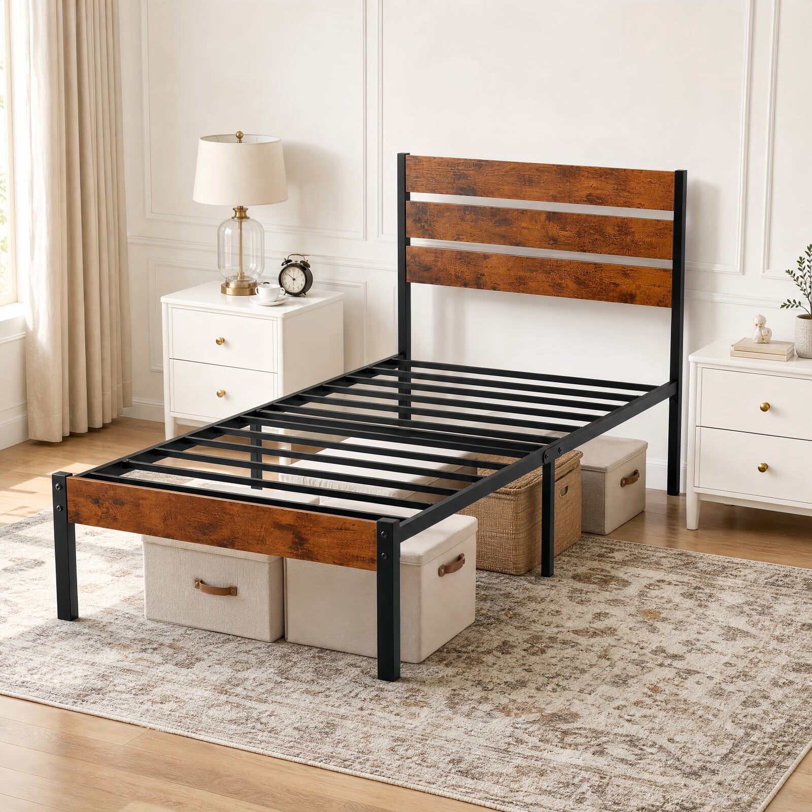 Kelno Industrial Twin Size Bed Frame 500LBS Heavy Duty with Wooden Headboard 14 Inch Metal Platform Bed No Box Spring Needed, Rustic Brown