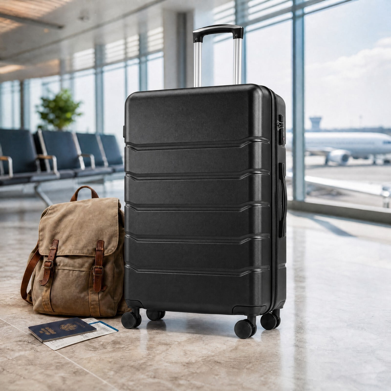 Kelno Large Checked Luggage with Spinner Wheels ABS Hard Shell Suitcase Expandable Rolling Luggage with TSA Lock, Black