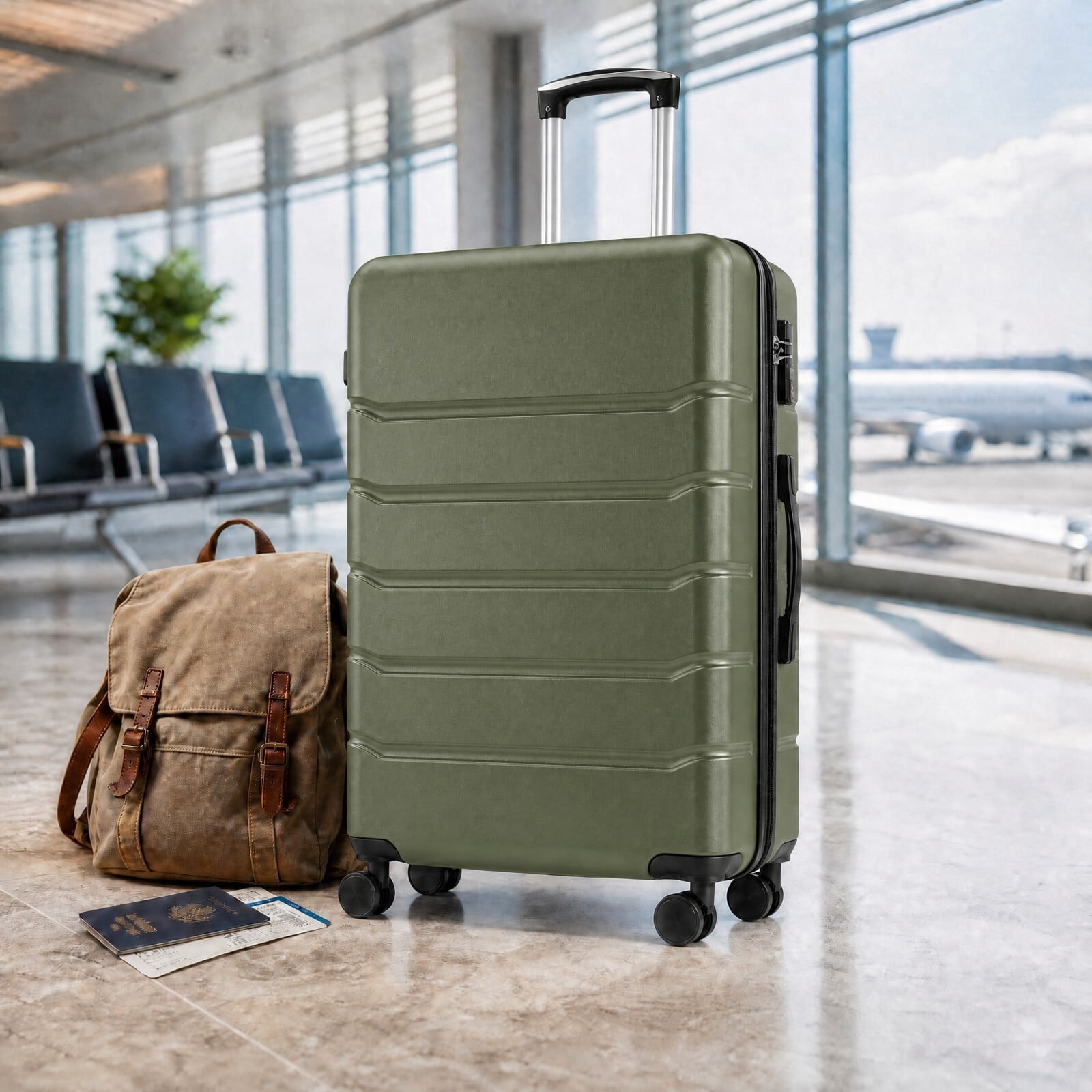 Kelno Large Checked Luggage with Spinner Wheels ABS Hard Shell Suitcase Expandable Rolling Luggage with TSA Lock, Green