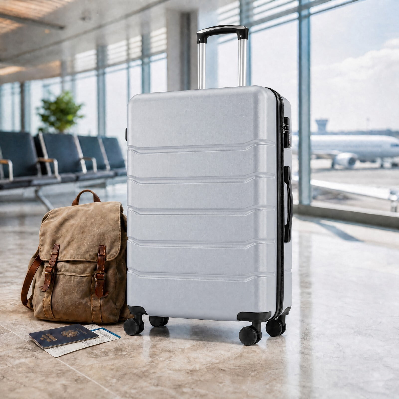 Kelno Large Checked Luggage with Spinner Wheels ABS Hard Shell Suitcase Expandable Rolling Luggage with TSA Lock, Light Gray
