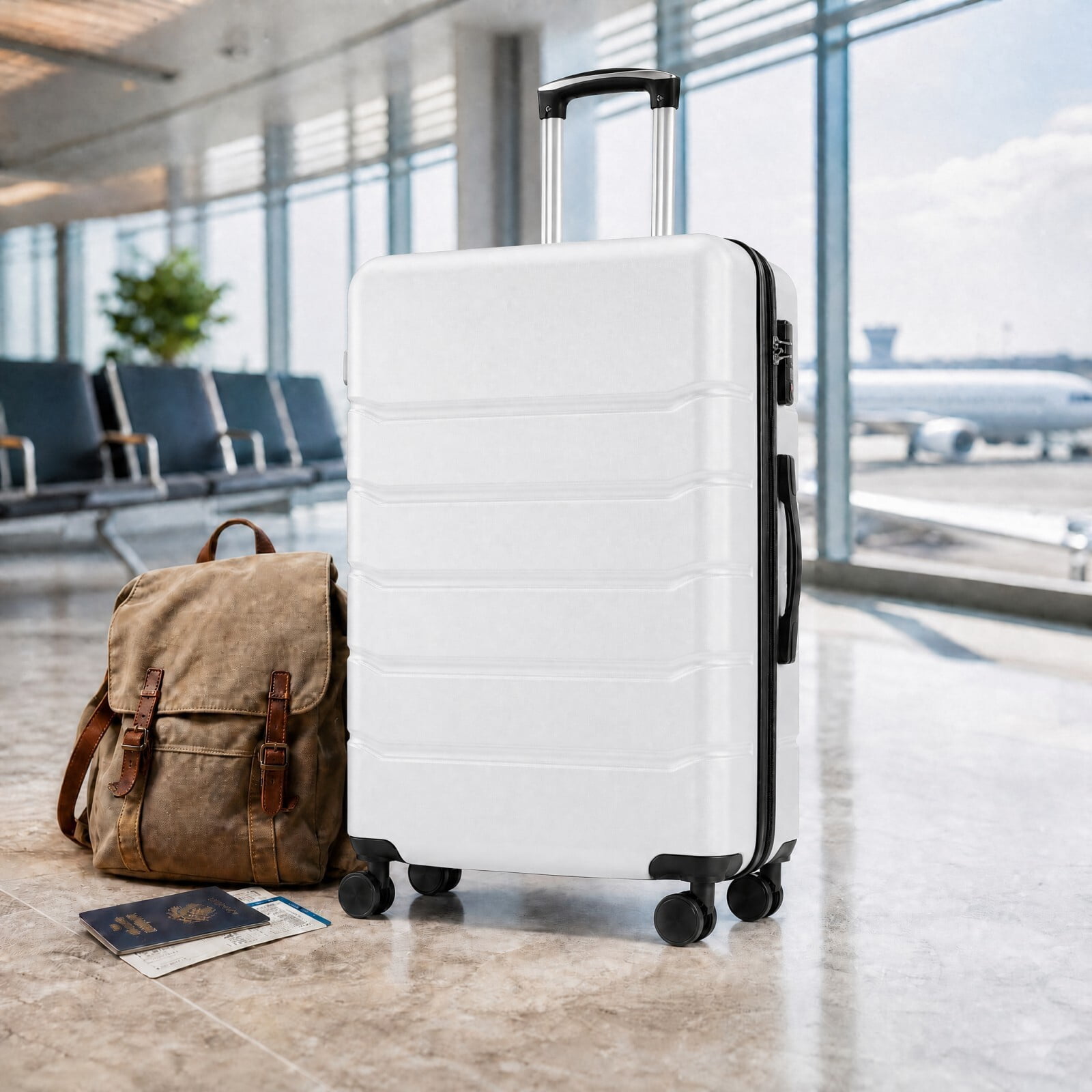 Kelno Large Checked Luggage with Spinner Wheels ABS Hard Shell Suitcase Expandable Rolling Luggage with TSA Lock, White