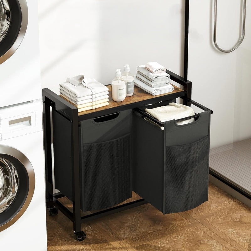 Kelno Laundry Sorter Rolling Laundry Basket with 2 Removable Bags Lockable Wheels Top Shelf, Black