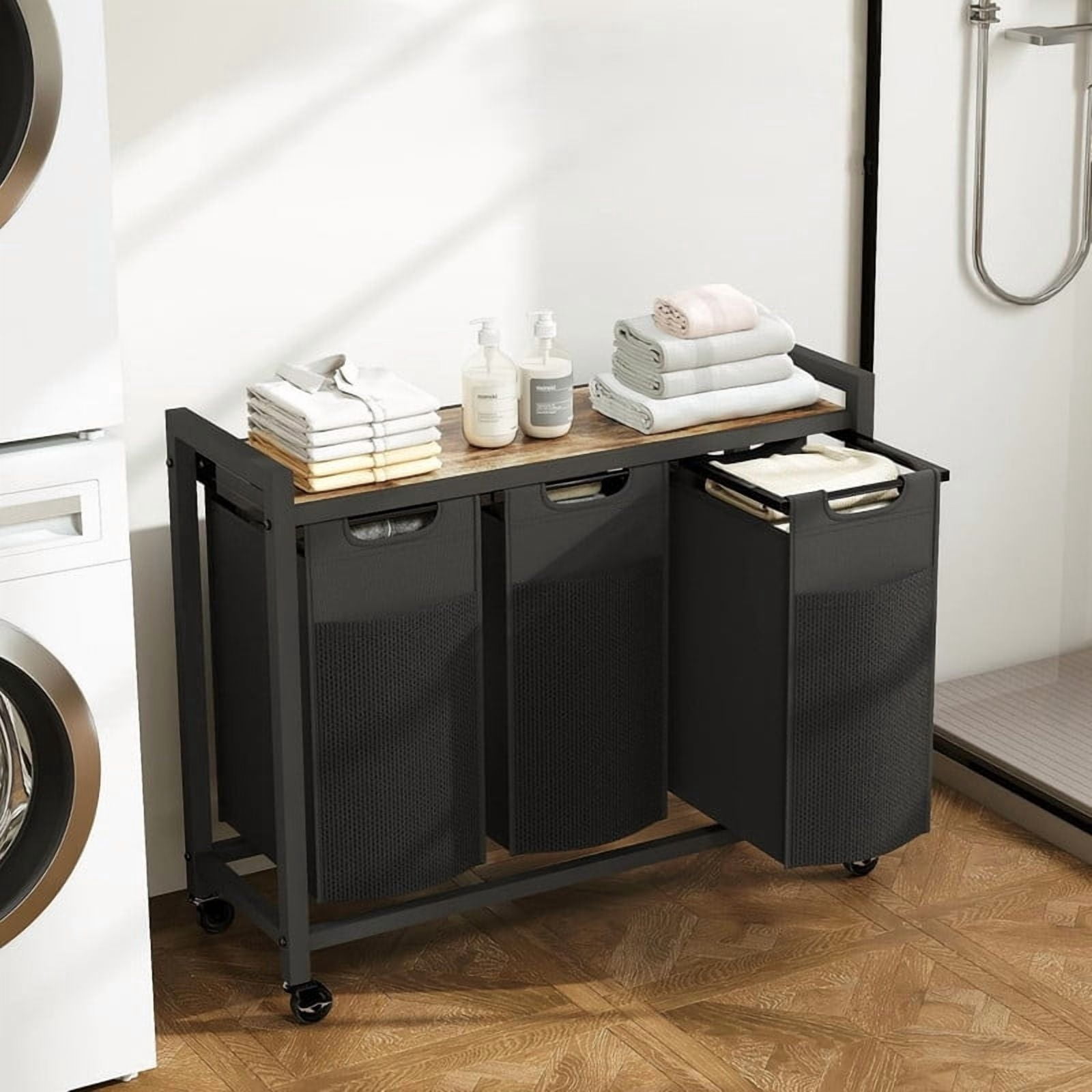 Kelno Laundry Sorter Rolling Laundry Basket with 3 Removable Bags Lockable Wheels Top Shelf, Black