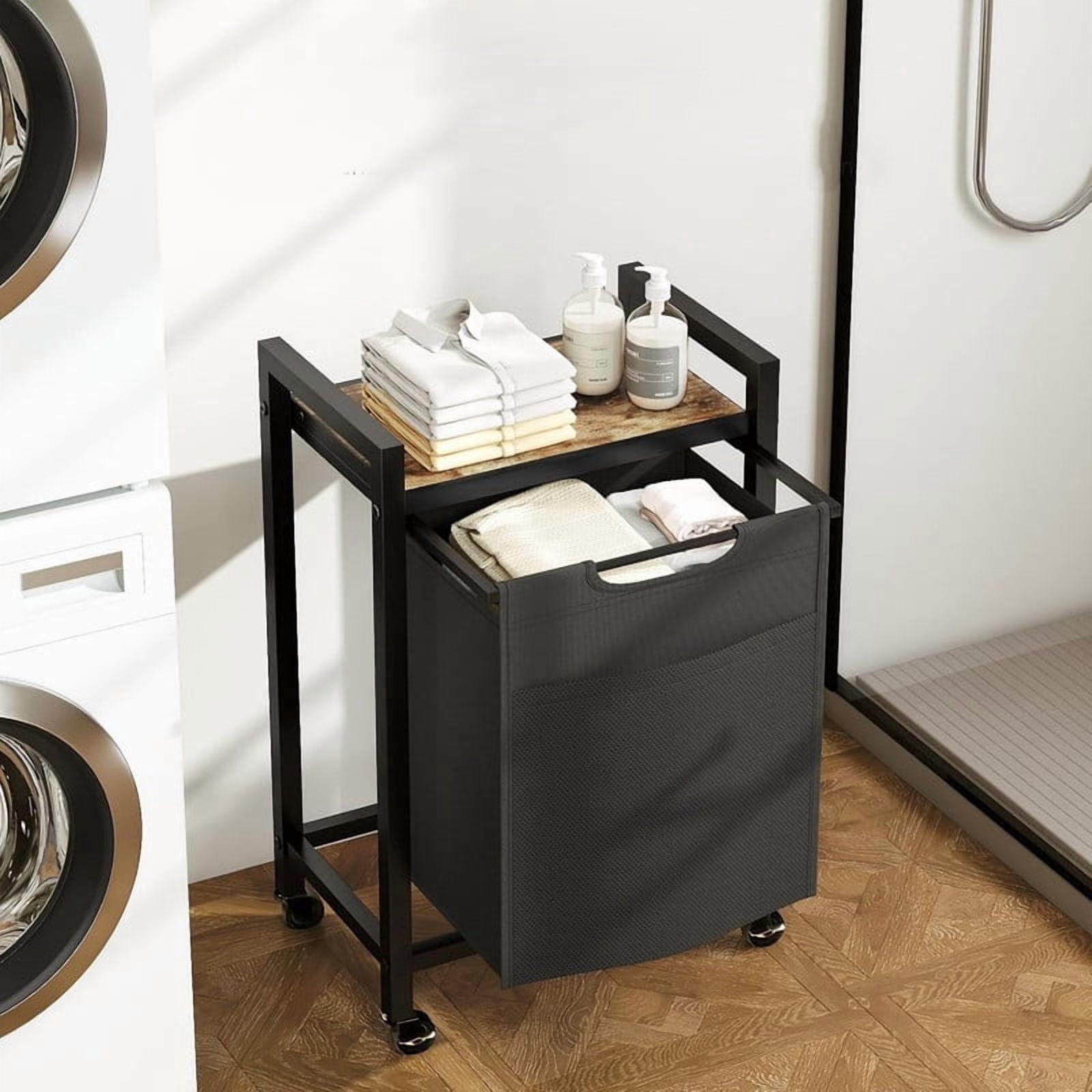Kelno Laundry Sorter Rolling Laundry Basket with Removable Bag Lockable Wheels Top Shelf, Black