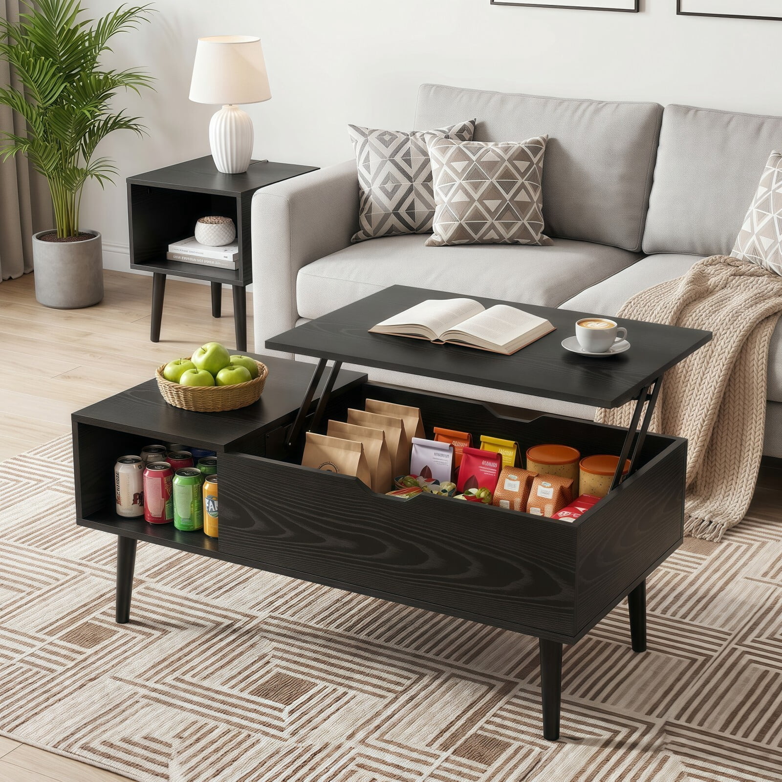 Kelno Lift Top Coffee Table with Hidden Compartment and Storage Shelves Wood Dining Center Table, Black