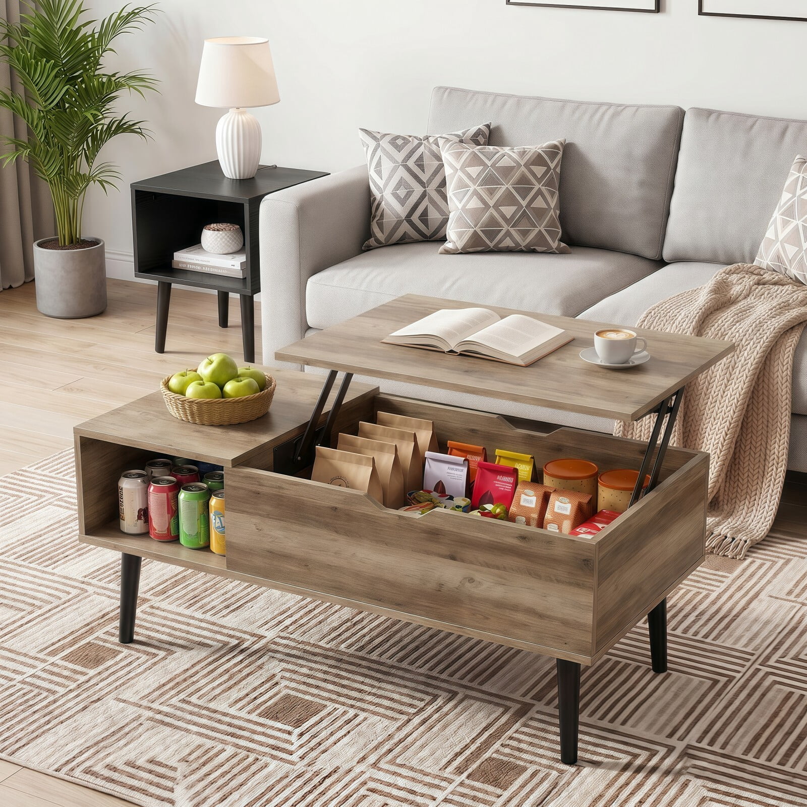 Kelno Lift Top Coffee Table with Hidden Compartment and Storage Shelves Wood Dining Center Table, Gray