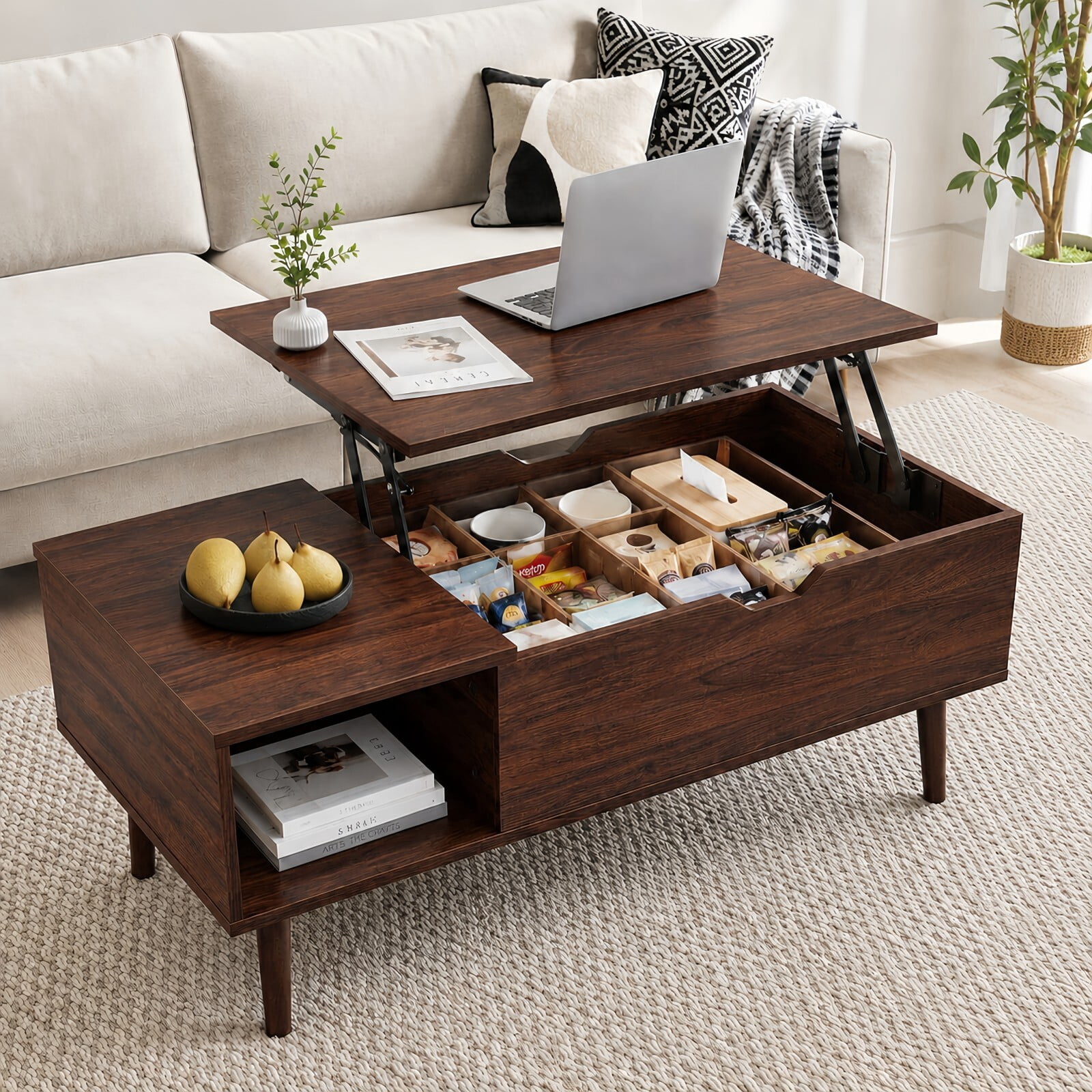 Kelno Lift Top Coffee Table with Hidden Storage Adjustable Height Wood Center Table with Open Side Shelves for Living Room, Dark Brown