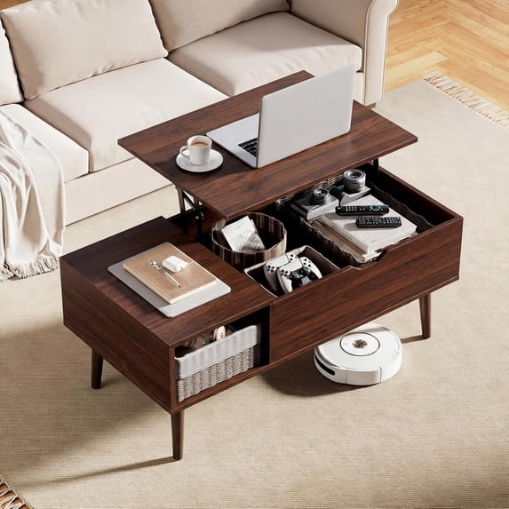 Kelno Lift Top Coffee Table with Hidden Storage Adjustable Height Wood ...