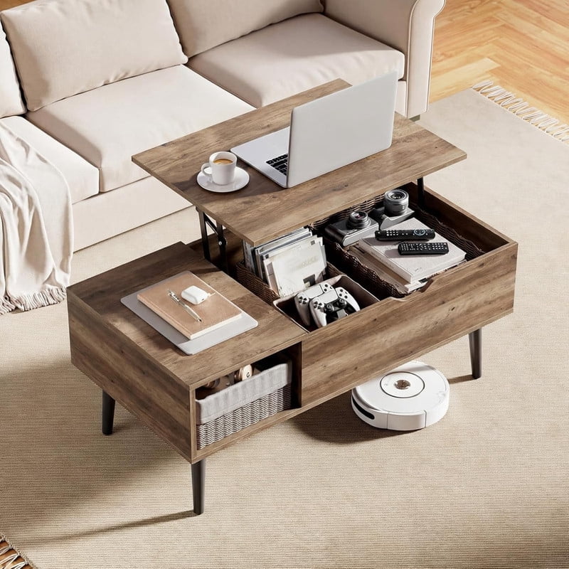 Kelno Lift Top Coffee Table with Hidden Storage Adjustable Height Wood Center Table with Shelf,Wood Gray