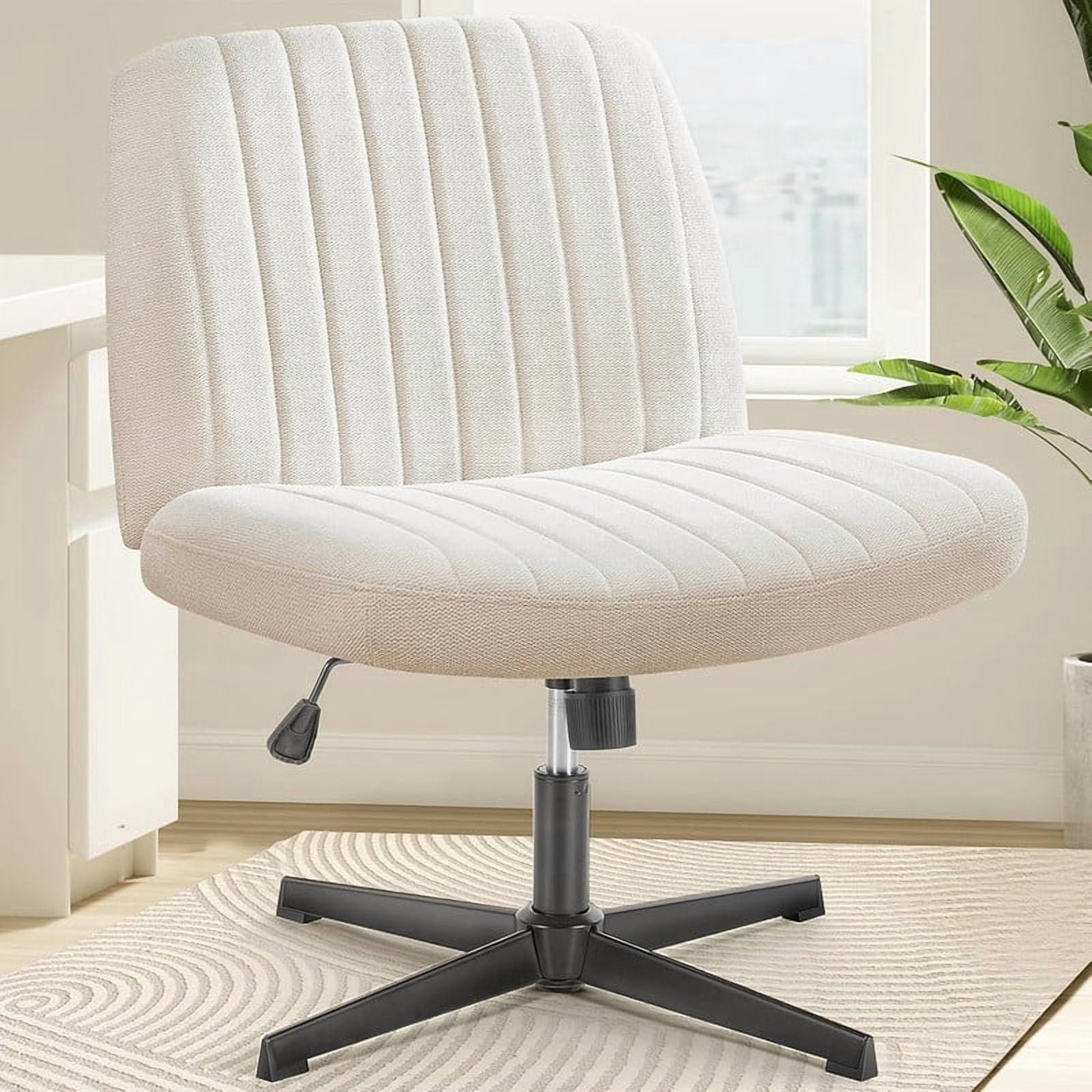 Kelno Linen Cross Legged Desk Chair Wide Seat Chair Ergonomic Height Adjustable Swivel Office Vanity Chair, Beige
