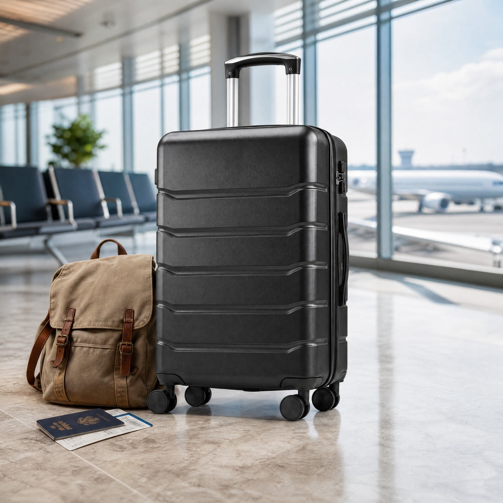 Kelno Medium Checked Luggage with Spinner Wheels ABS Hard Shell Suitcase Expandable Rolling Luggage with TSA Lock, Black