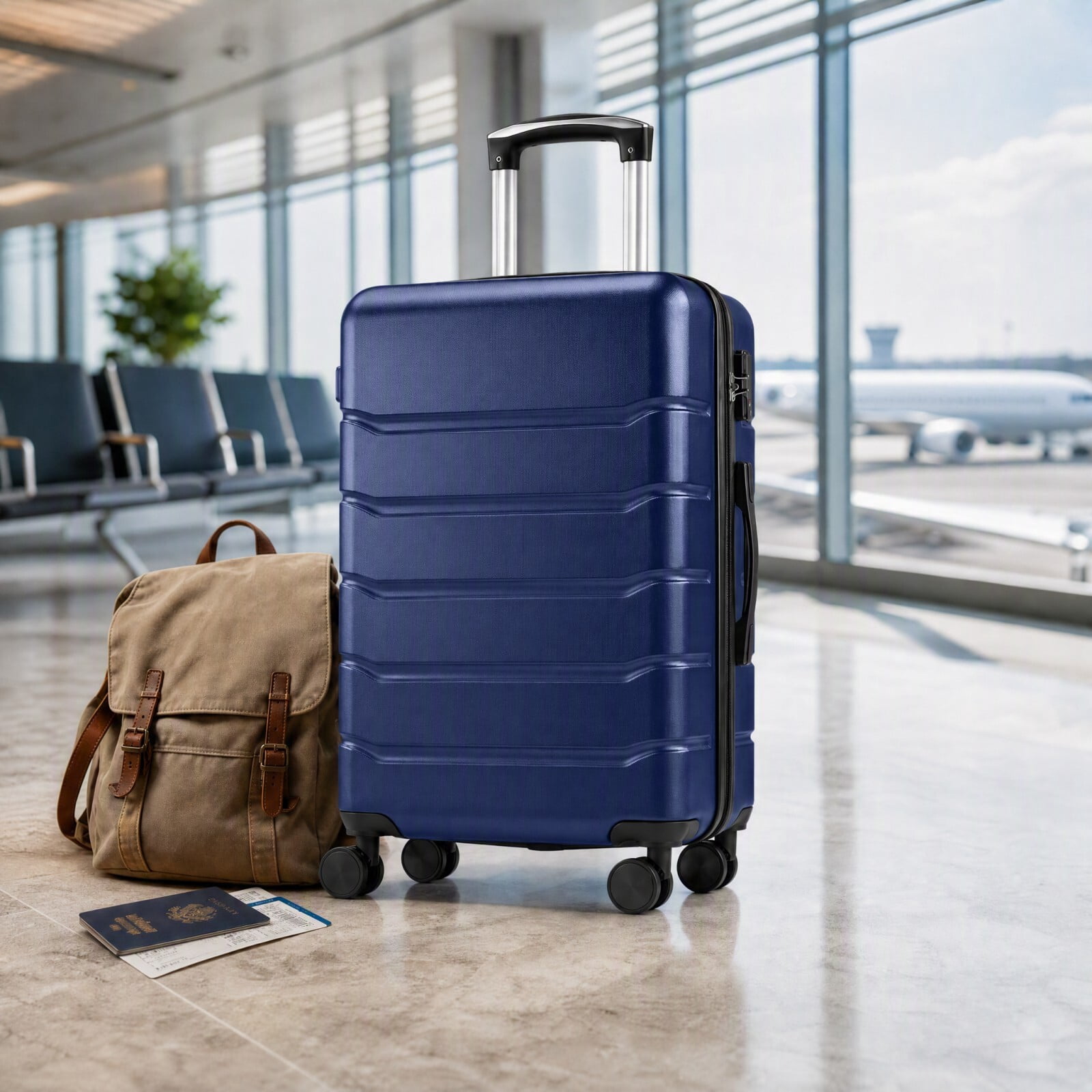 Kelno Medium Checked Luggage with Spinner Wheels ABS Hard Shell Suitcase Expandable Rolling Luggage with TSA Lock, Blue