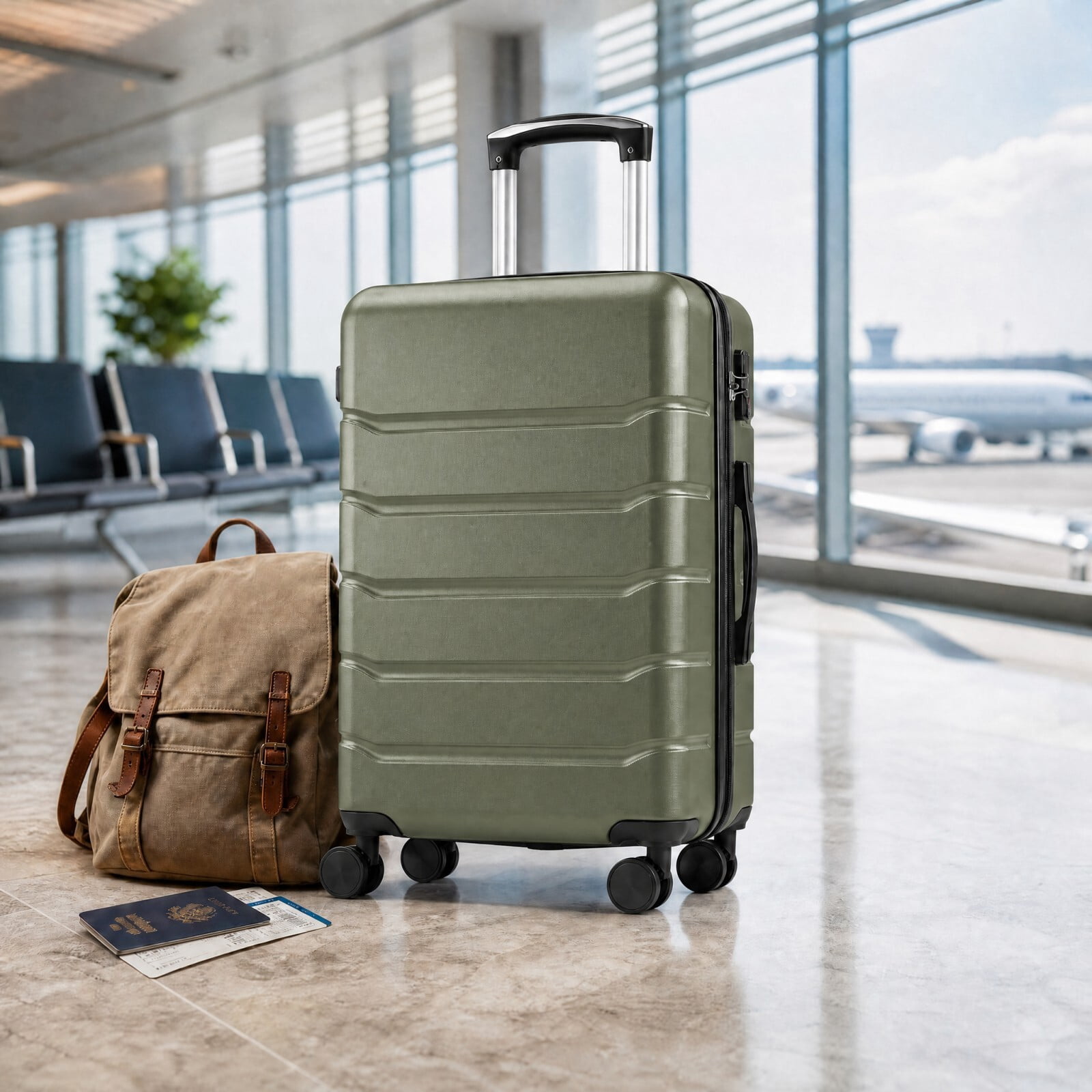 Kelno Medium Checked Luggage with Spinner Wheels ABS Hard Shell Suitcase Expandable Rolling Luggage with TSA Lock, Green