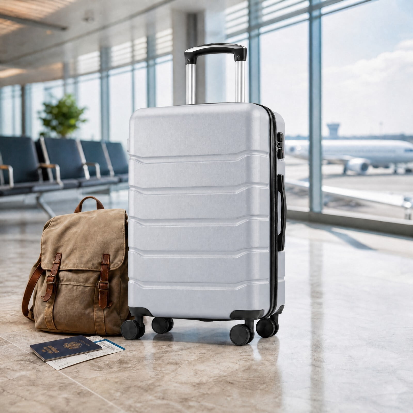 Kelno Medium Checked Luggage with Spinner Wheels ABS Hard Shell Suitcase Expandable Rolling Luggage with TSA Lock, Light Gray