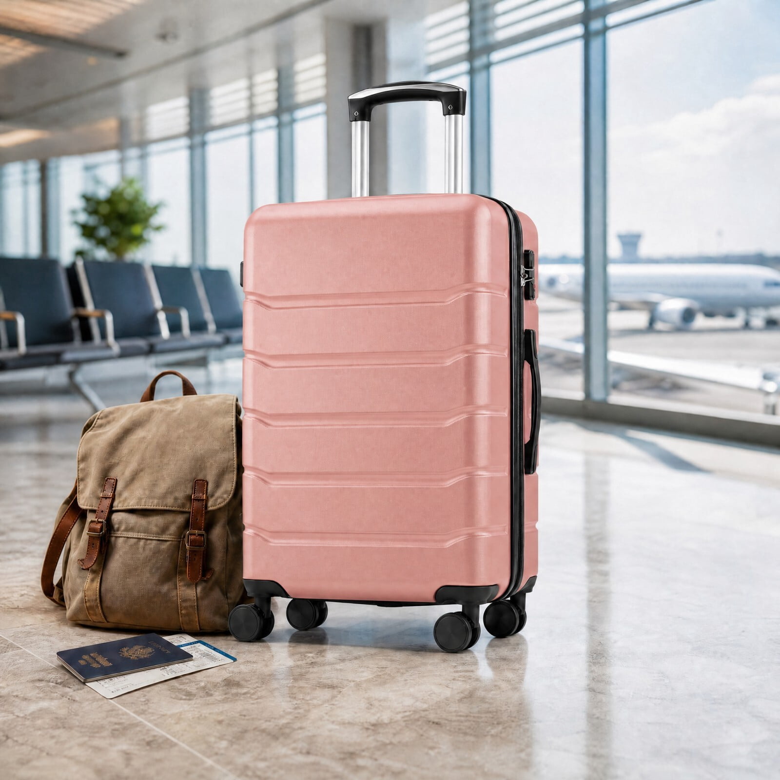 Kelno Medium Checked Luggage with Spinner Wheels ABS Hard Shell Suitcase Expandable Rolling Luggage with TSA Lock, Pink